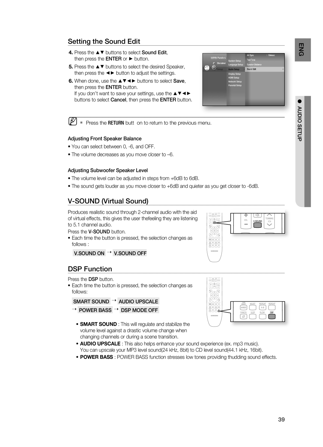 Samsung HT-BD7200 user manual Sound Virtual Sound, DSp Function, Audio Setup 