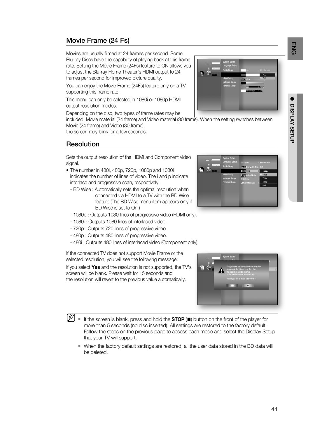 Samsung HT-BD7200 user manual Movie Frame 24 Fs, Resolution, Depending on the disc, two types of frame rates may be 