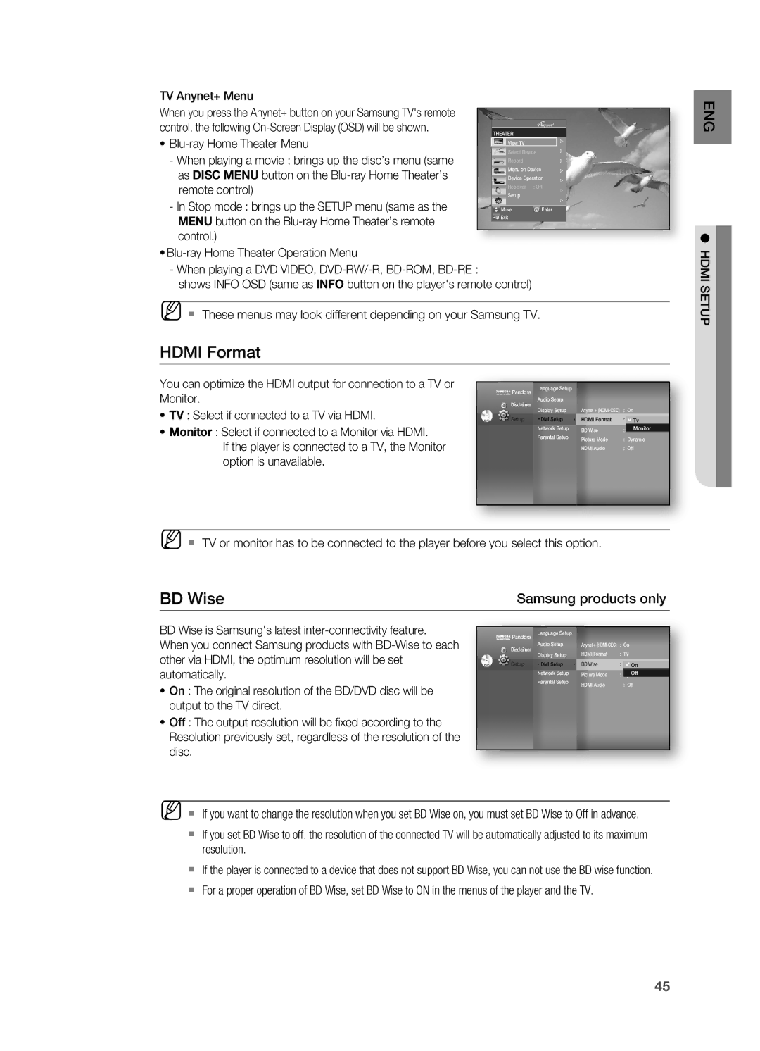 Samsung HT-BD7200 user manual Hdmi Format, BD Wise, TV Anynet+ Menu, When playing a DVD VIDEO, DVD-RW/-R, BD-ROM, BD-RE 