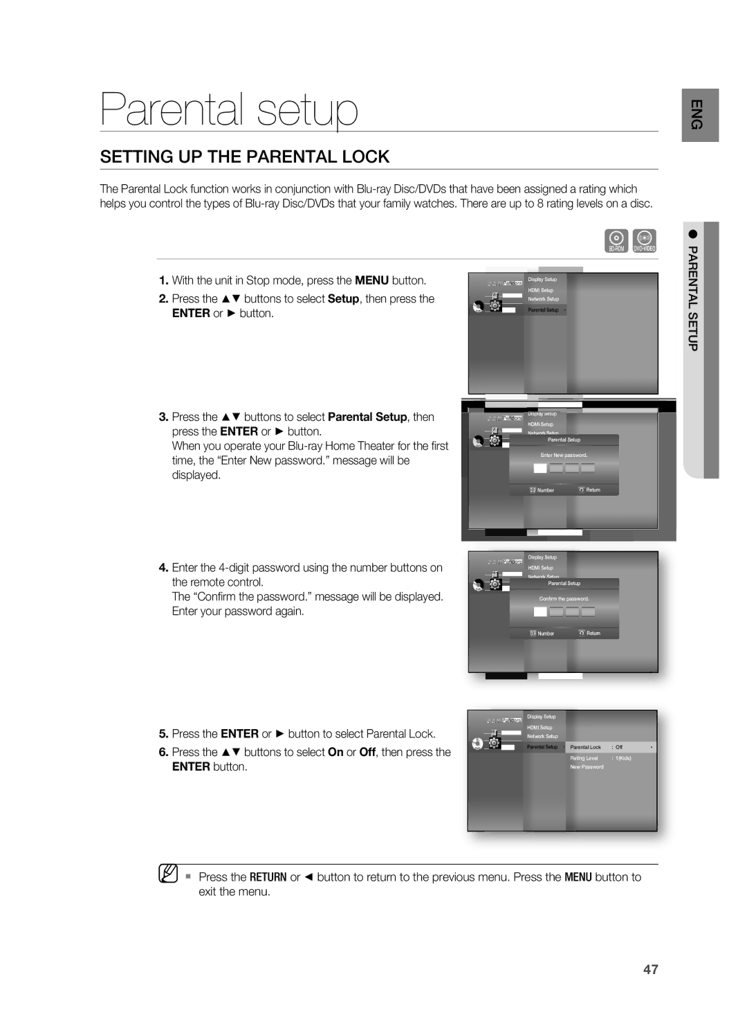 Samsung HT-BD7200 user manual Parental setup, Setting UP the Parental Lock 