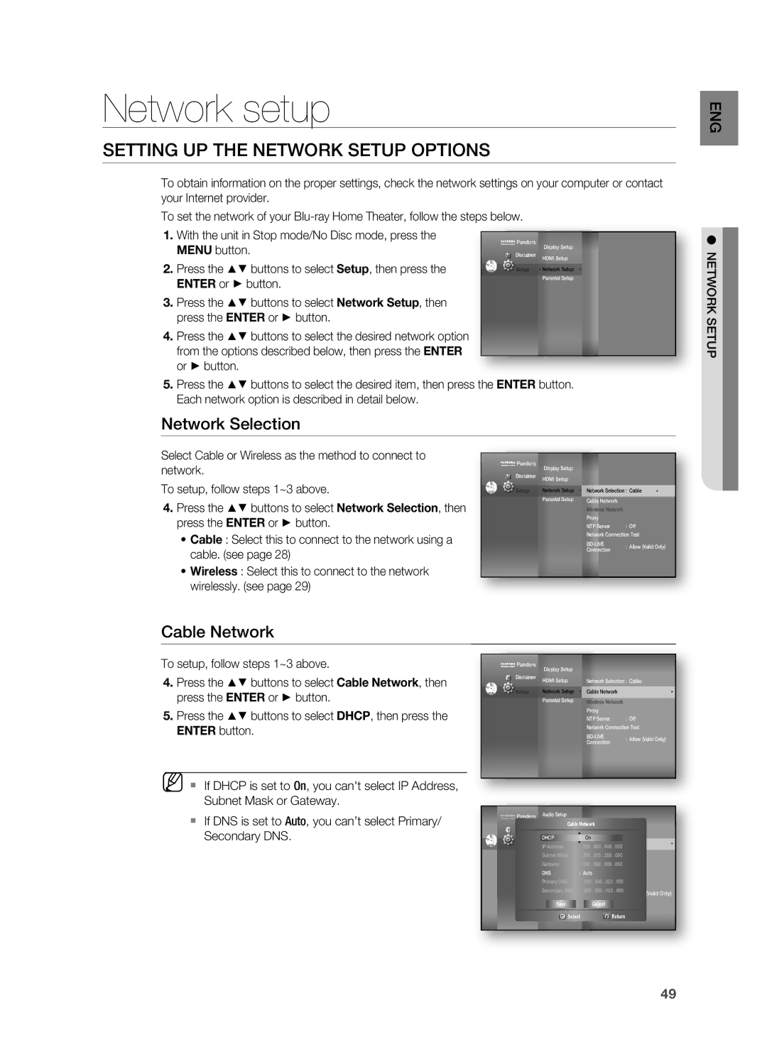 Samsung HT-BD7200 user manual Setting UP the Network Setup Options, Network Selection, Cable Network 