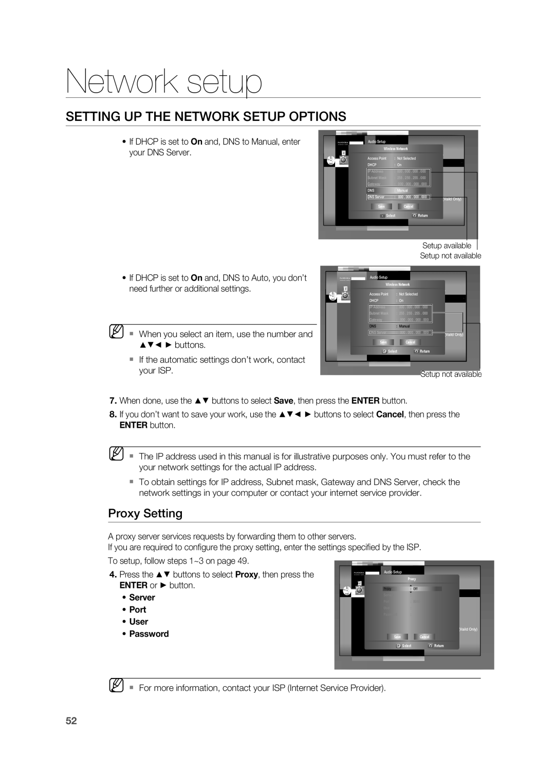 Samsung HT-BD7200 user manual Proxy Setting, Setup available Setup not available 