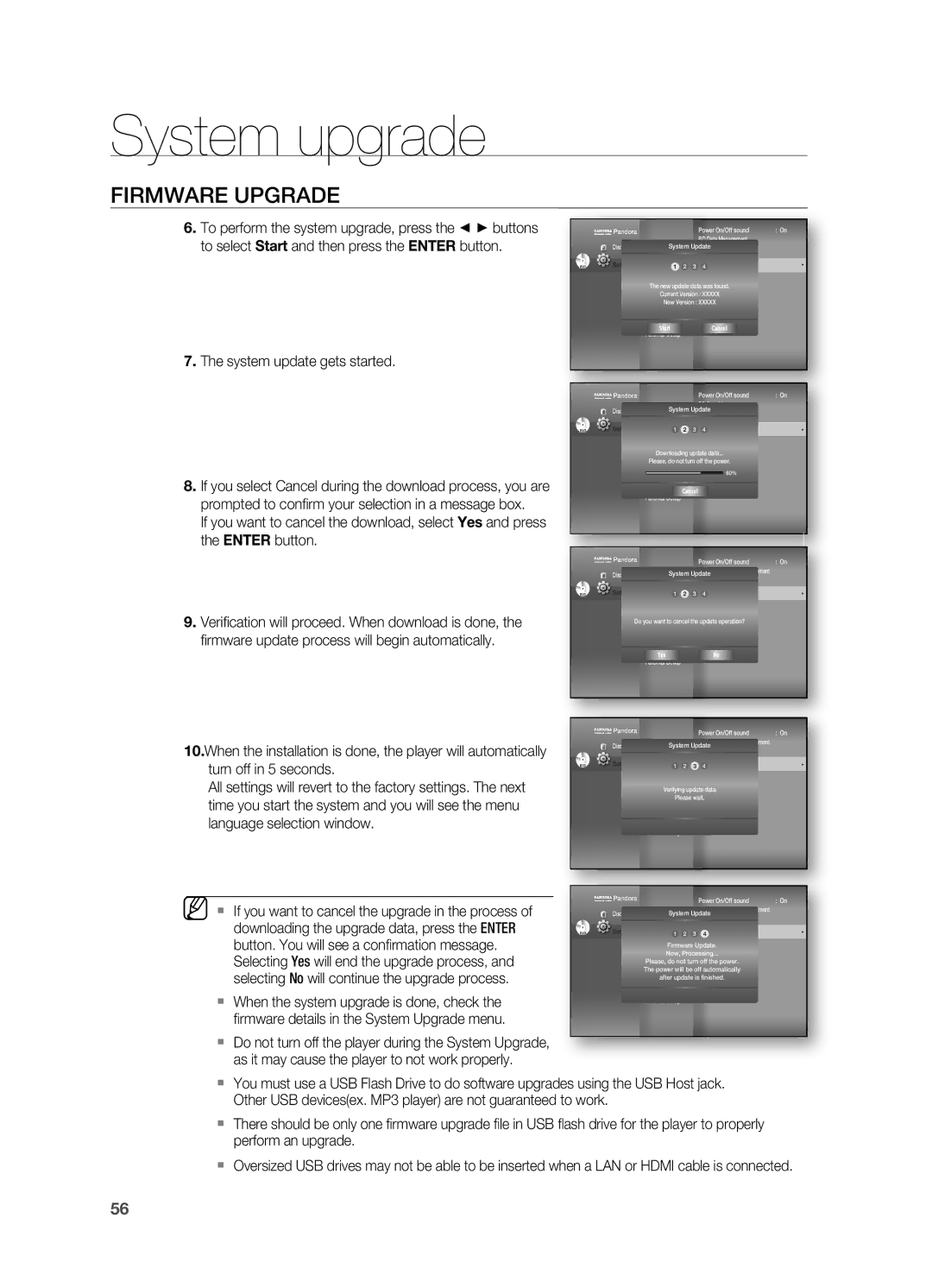 Samsung HT-BD7200 user manual FiRmwaRE uPGRaDE, System update gets started, Rmware details in the System Upgrade menu 