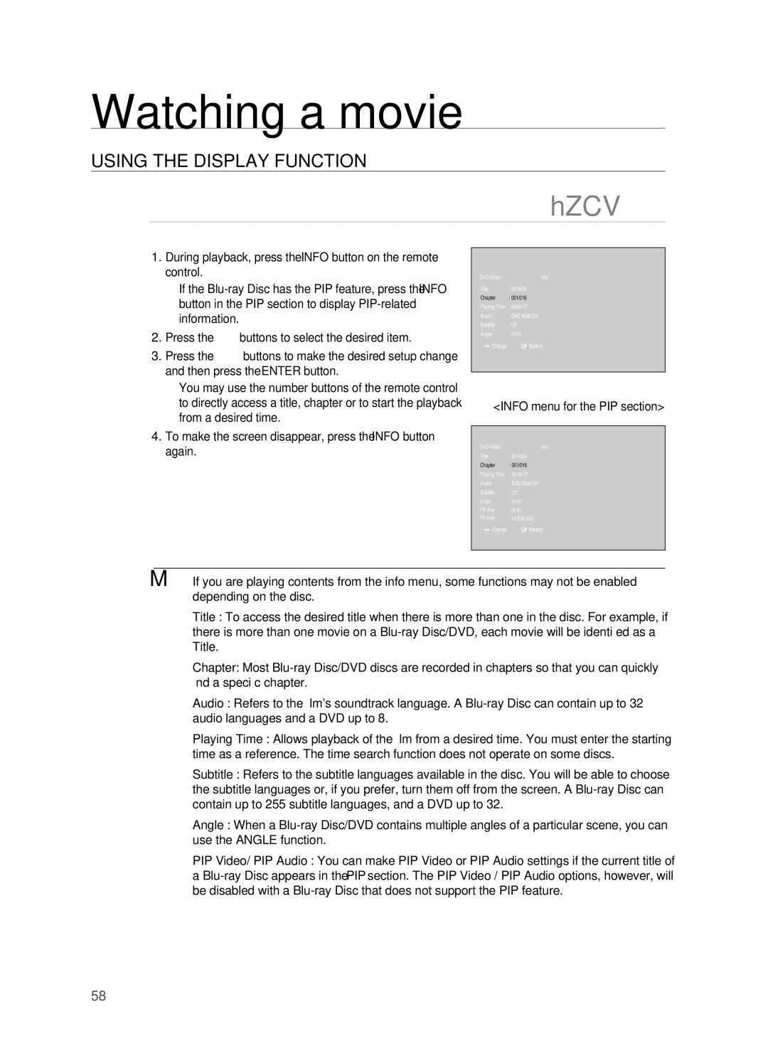 Samsung HT-BD7200 user manual Watching a movie, USinG thE DiSPlay Function, Info menu for the PIP section 