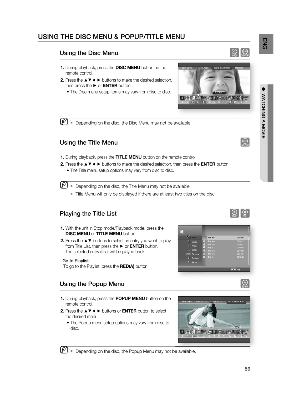 Samsung HT-BD7200 USinG thE DiSc mEnu & PoPuP/titlE mEnu, Using the Disc menu, Using the title menu, Using the Popup menu 