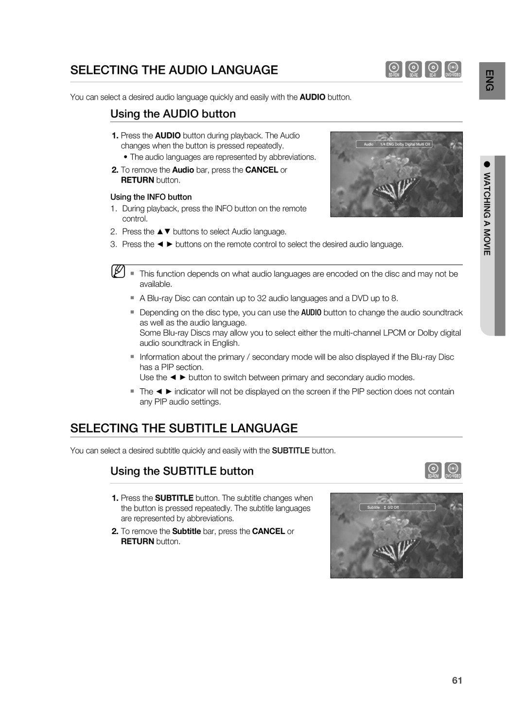 Samsung HT-BD7200 user manual SElEctinG thE auDio lanGuaGE, SElEctinG thE SuBtitlE lanGuaGE, Using the auDio button 