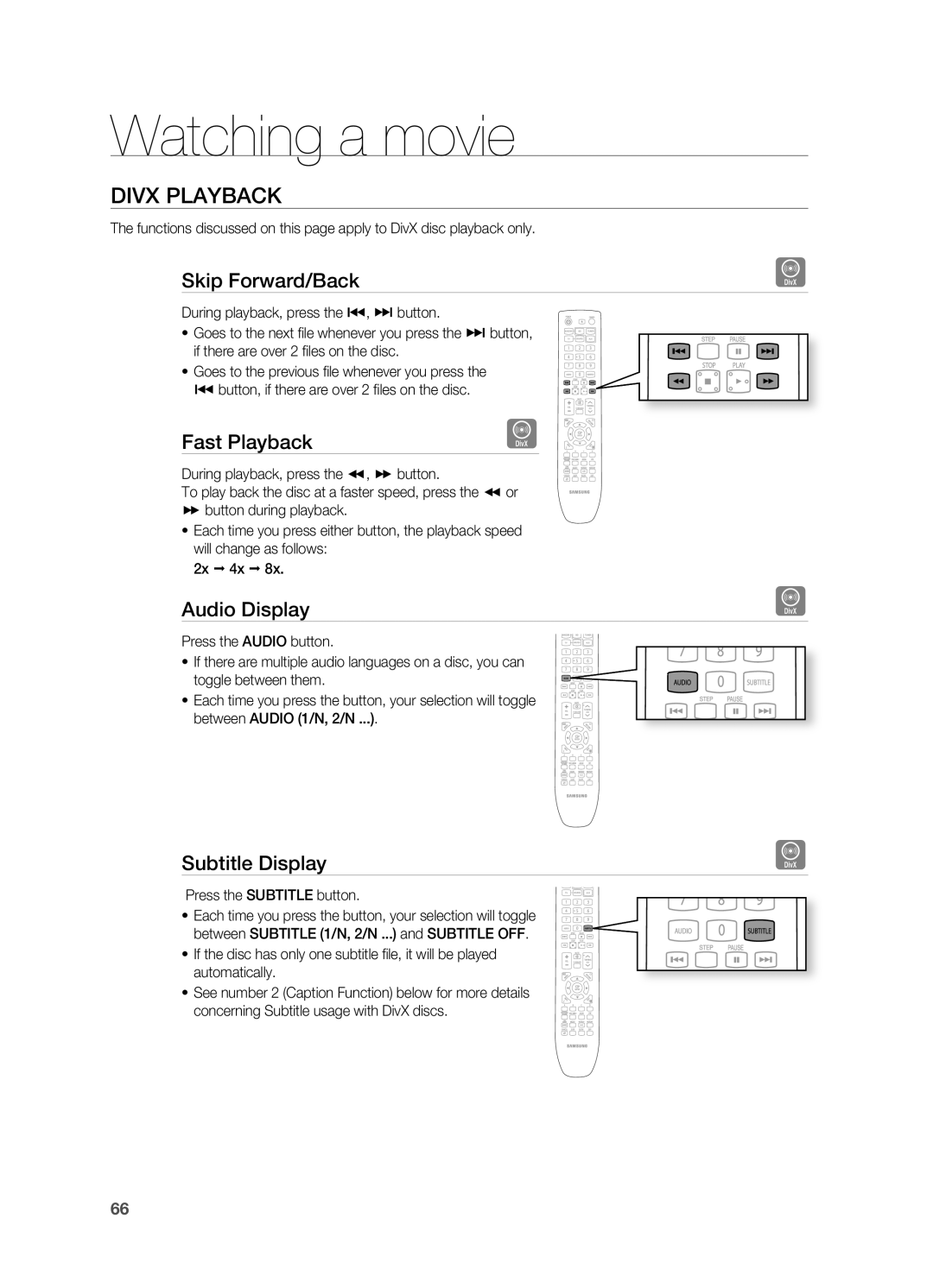 Samsung HT-BD7200 user manual DivX PlayBack, Skip Forward/Back, Fast Playback, Audio Display, Subtitle Display 