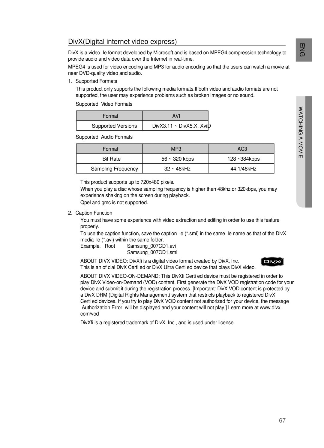 Samsung HT-BD7200 user manual DivXDigital internet video express, Supported Video Formats, Avi, Supported Audio Formats 