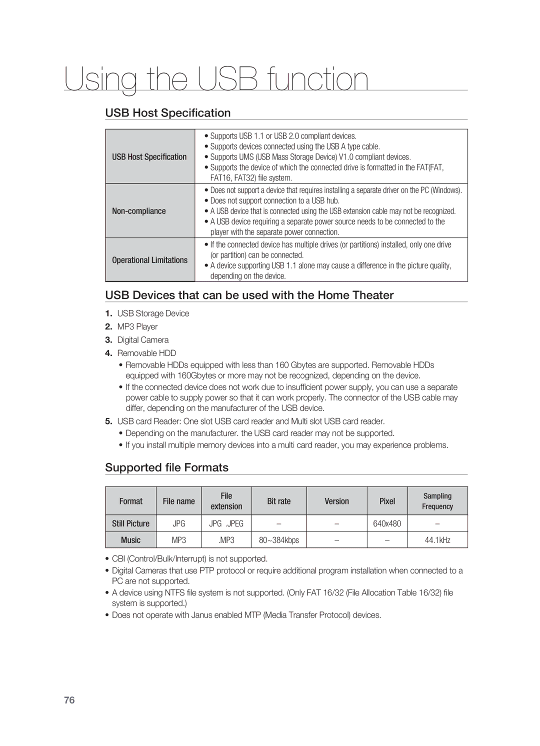 Samsung HT-BD7200 USB Host Specification, USB Devices that can be used with the Home Theater, Supported file Formats 