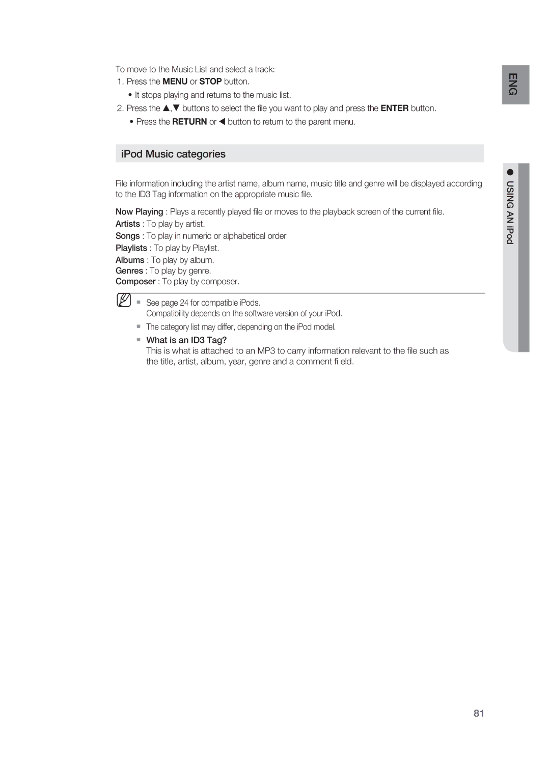 Samsung HT-BD7200 user manual EnG IPod Music categories 