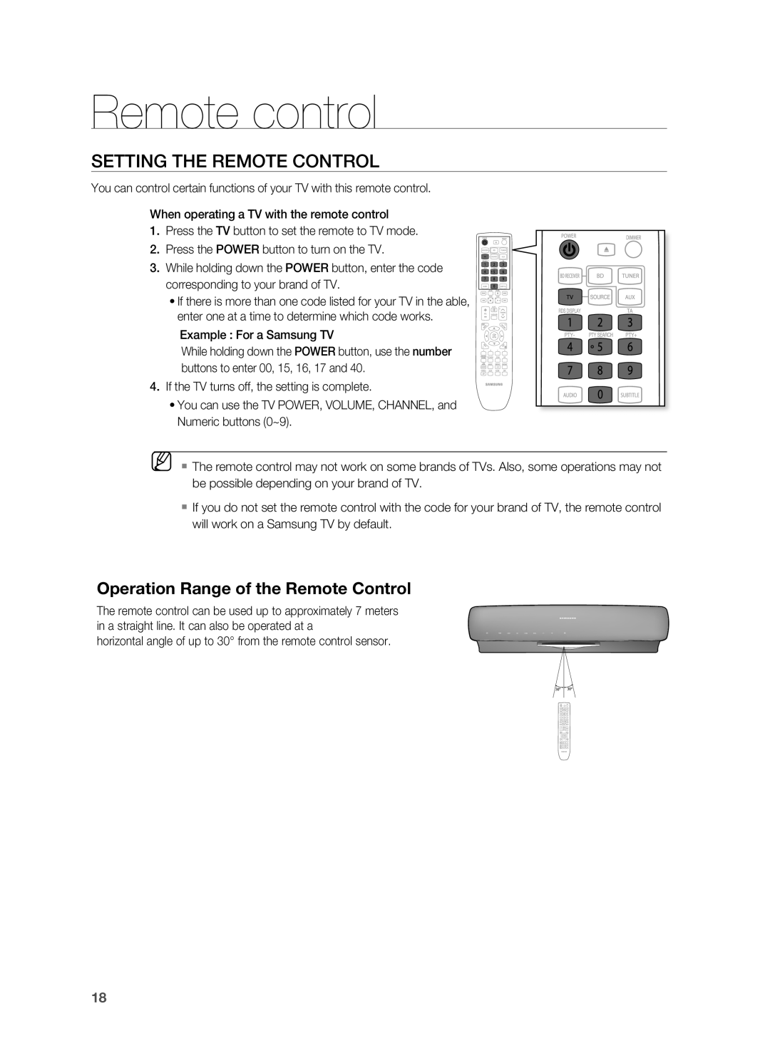 Samsung HT-BD7200T/XAA, HT-BD7200R/EDC, HT-BD7200R/XEF Setting the Remote Control, Operation range of the remote Control 