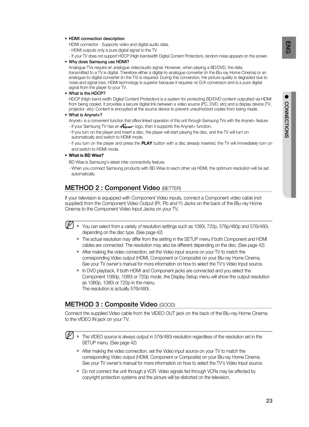 Samsung HT-BD7200T/XAA, HT-BD7200R/EDC manual Method 2 Component Video Better, Method 3 Composite Video Good, Connections 