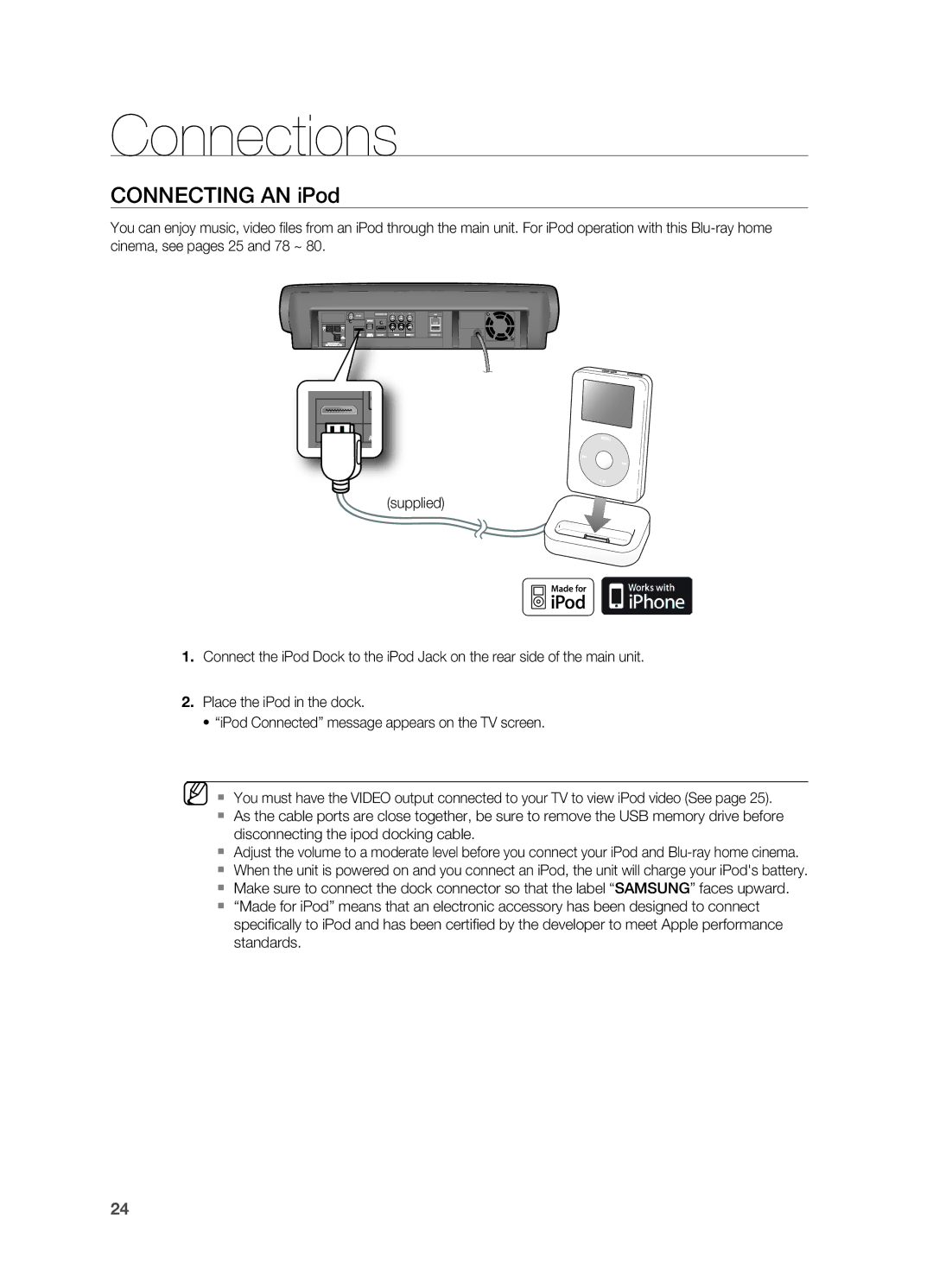 Samsung HT-BD7200R/XEE, HT-BD7200R/EDC, HT-BD7200R/XEF, HT-BD7200R/XET, HT-BD7200T/XAA manual Connecting AN iPod 