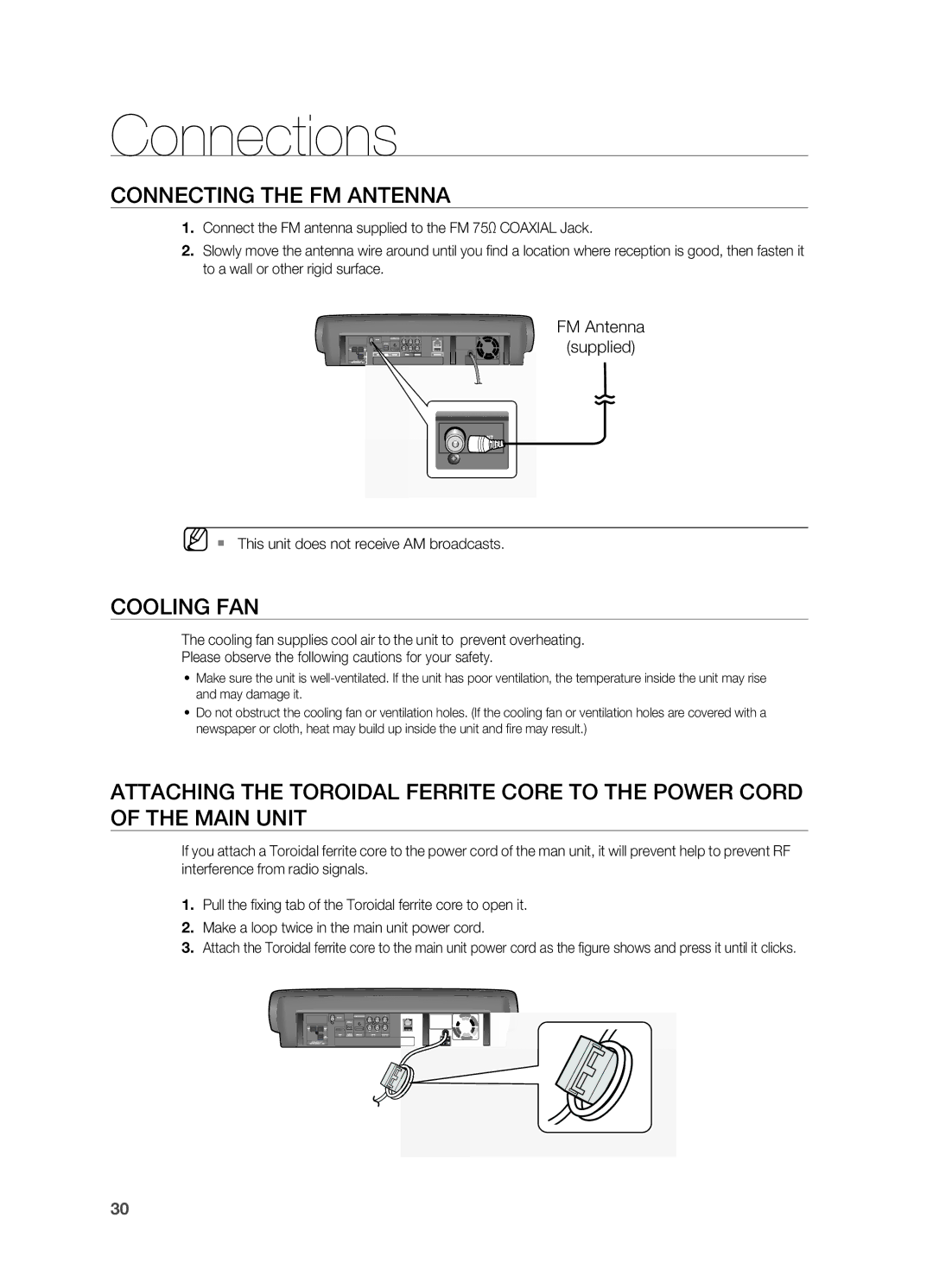 Samsung HT-BD7200R/EDC, HT-BD7200R/XEF Connecting the FM Antenna, Cooling FAN, ` This unit does not receive AM broadcasts 