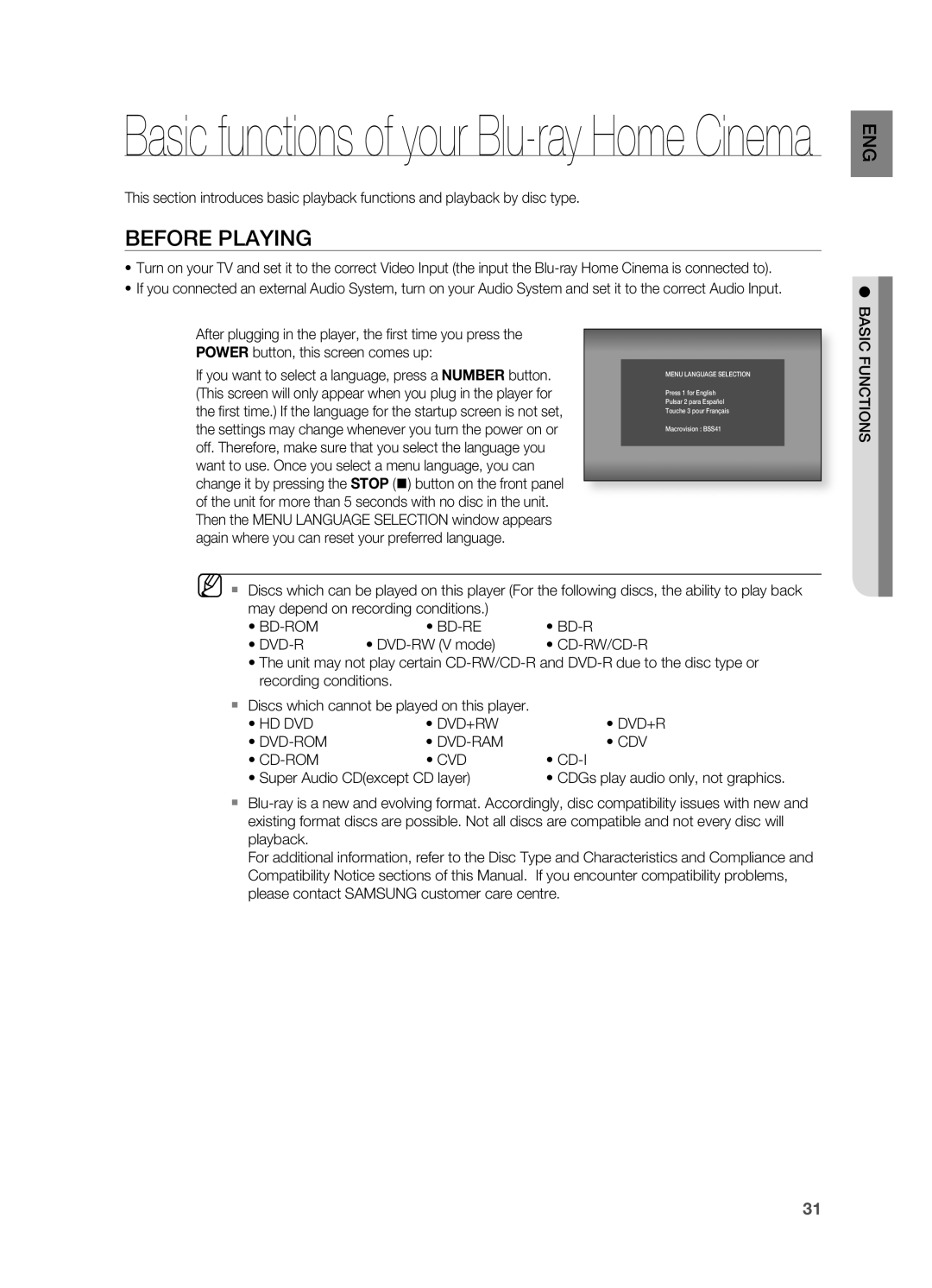 Samsung HT-BD7200R/XEF, HT-BD7200R/EDC manual Before Playing, Basic Functions, Hd Dvd Dvd+Rw Dvd-Rom Dvd-Ram Cdv Cd-Rom Cvd 