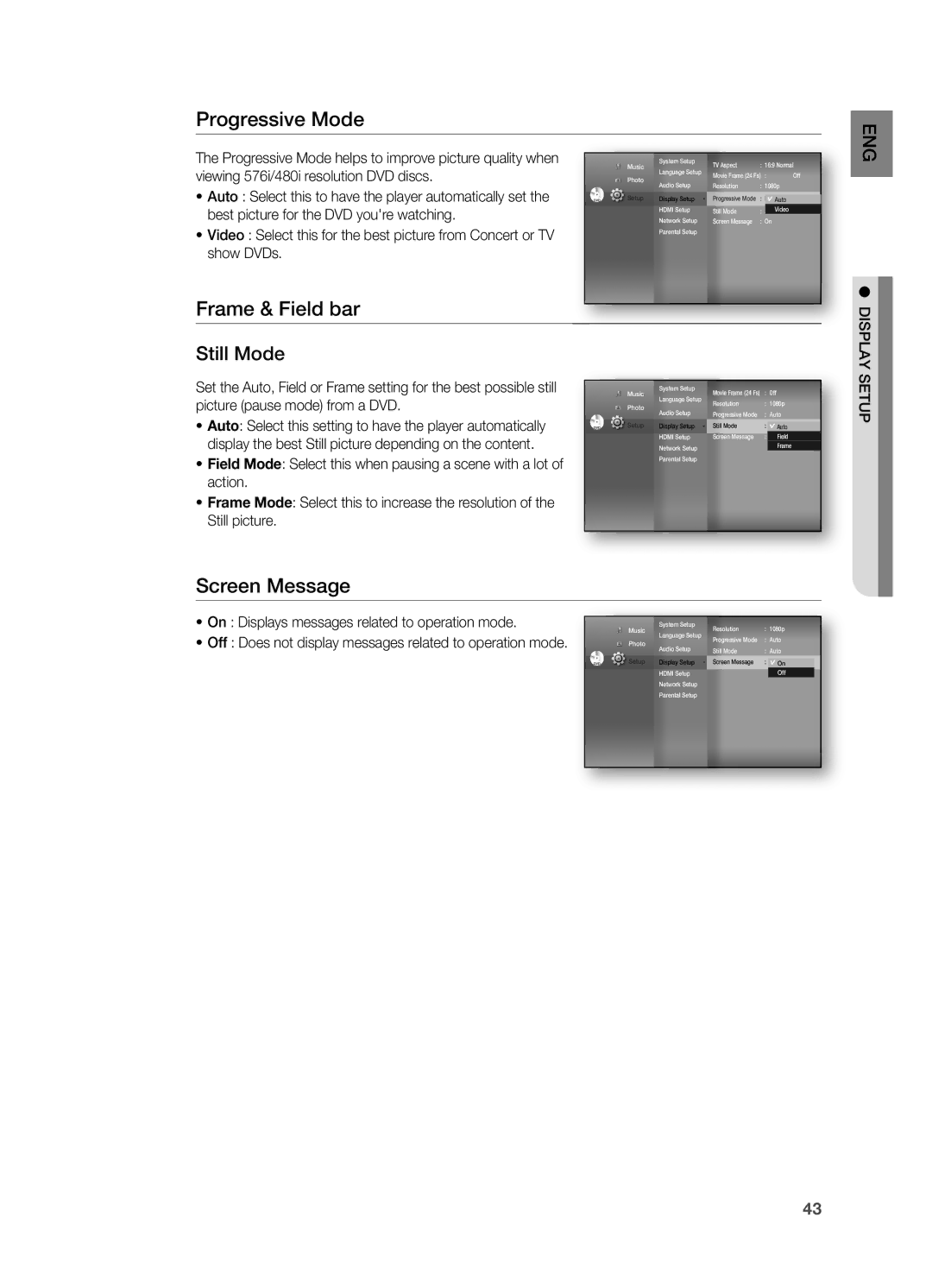 Samsung HT-BD7200T/XAA, HT-BD7200R/EDC, HT-BD7200R/XEF Progressive Mode, Frame & Field bar, Screen Message, DiSplay Setup 