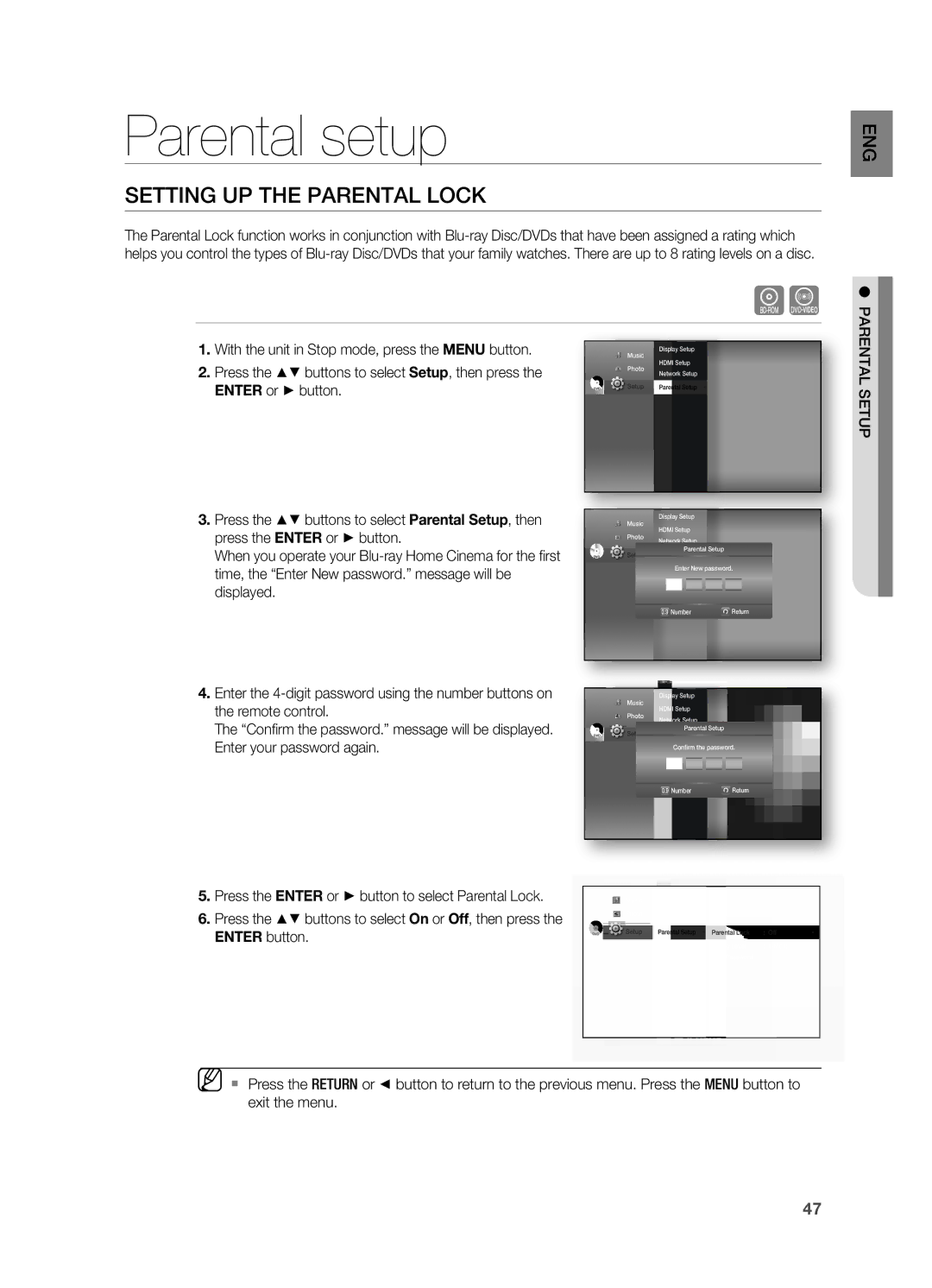 Samsung HT-BD7200R/XET, HT-BD7200R/EDC, HT-BD7200R/XEF, HT-BD7200T/XAA manual Parental setup, Setting UP the Parental Lock 