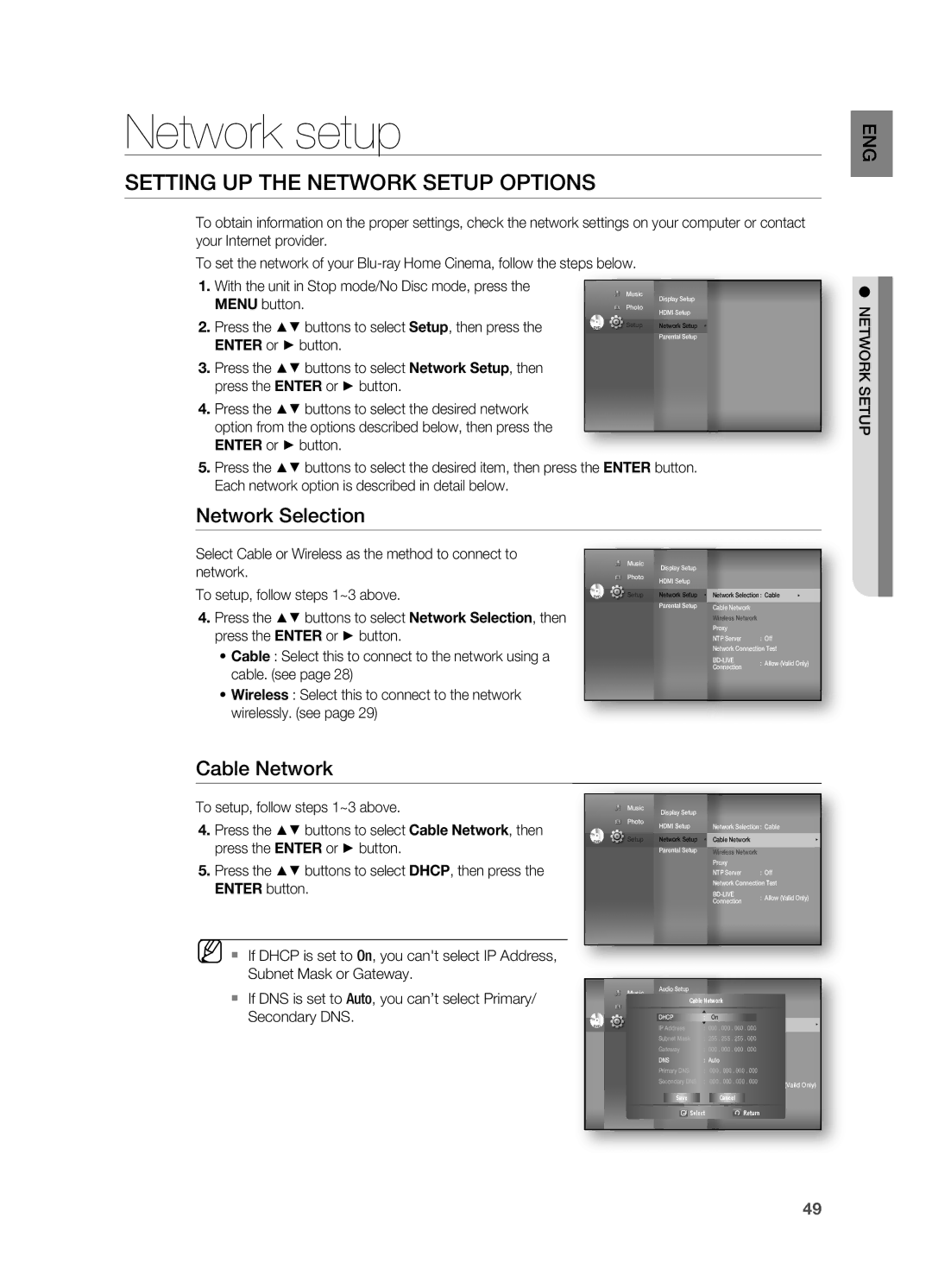 Samsung HT-BD7200R/XEE, HT-BD7200R/EDC manual Setting UP the Network Setup Options, Network Selection, Cable Network 