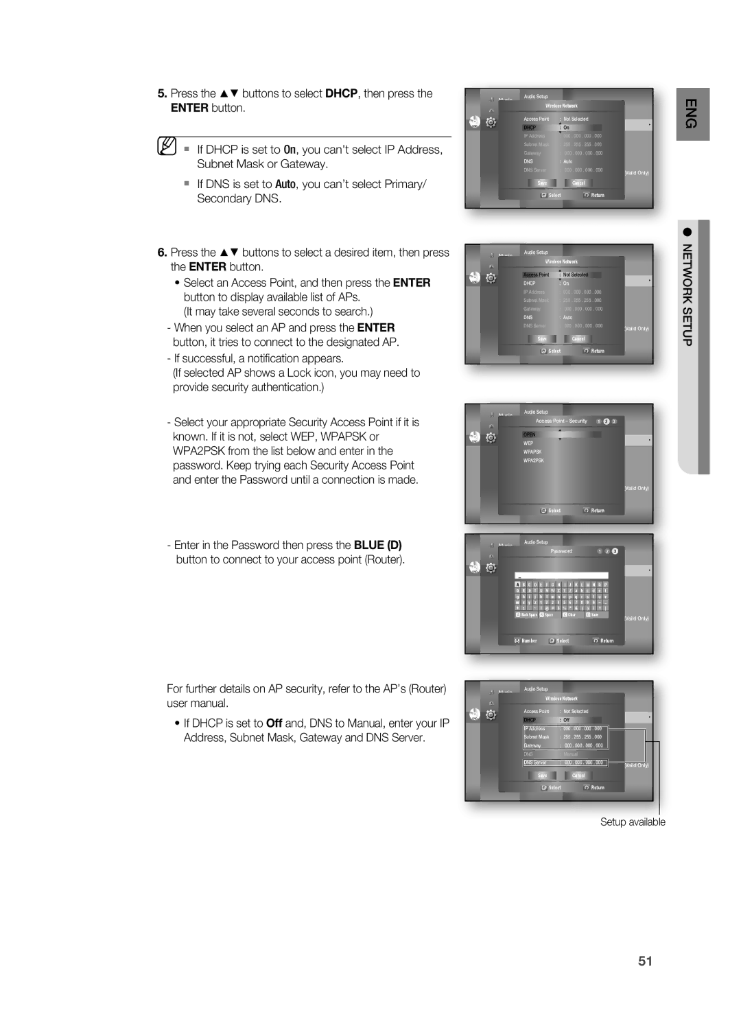 Samsung HT-BD7200R/XEF, HT-BD7200R/EDC, HT-BD7200R/XET, HT-BD7200T/XAA manual NetWoRK Setup, Display SetupWireless Network 