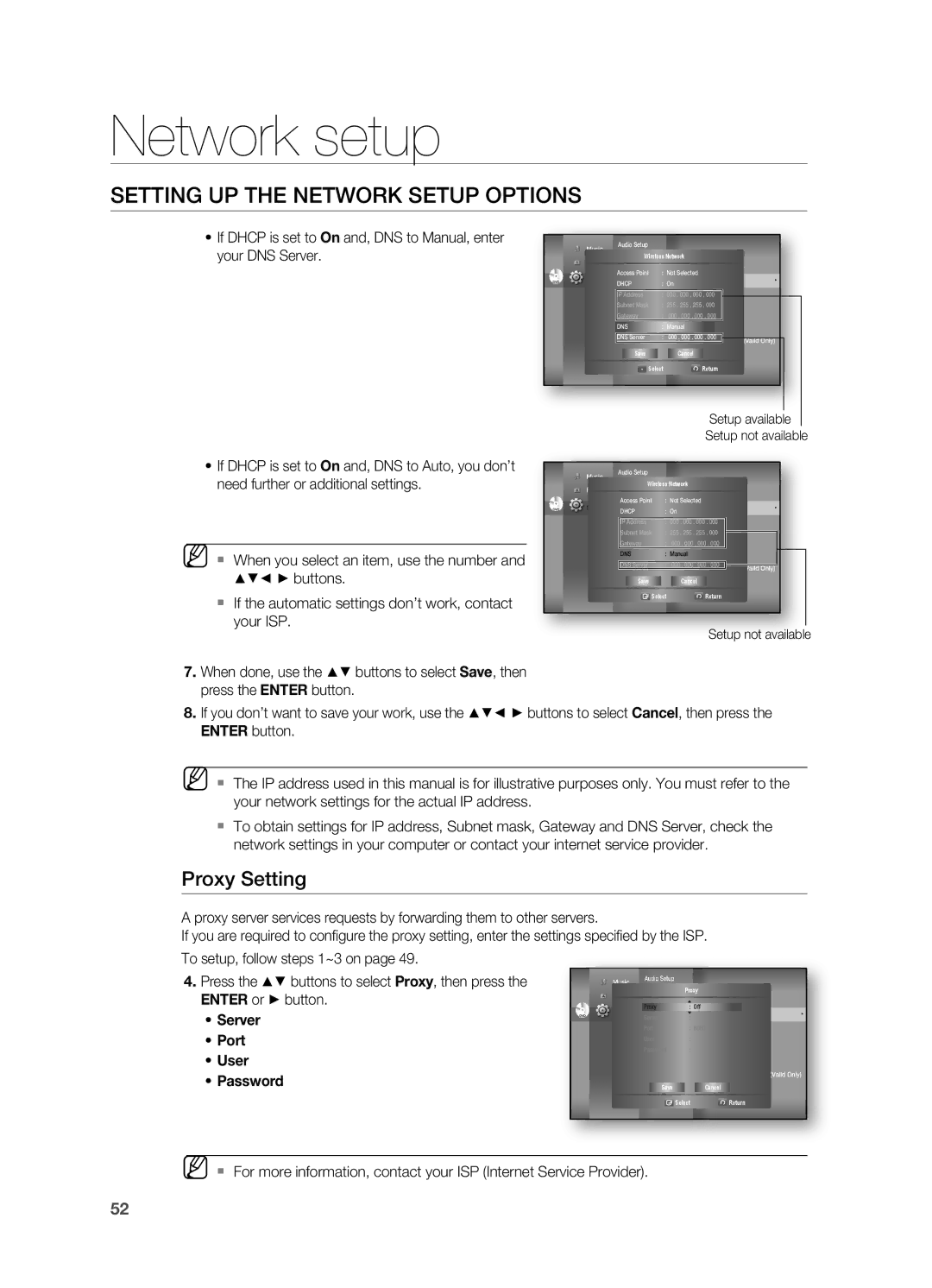 Samsung HT-BD7200R/XET, HT-BD7200R/EDC, HT-BD7200R/XEF, HT-BD7200T/XAA manual Proxy Setting, Server Port User Password 