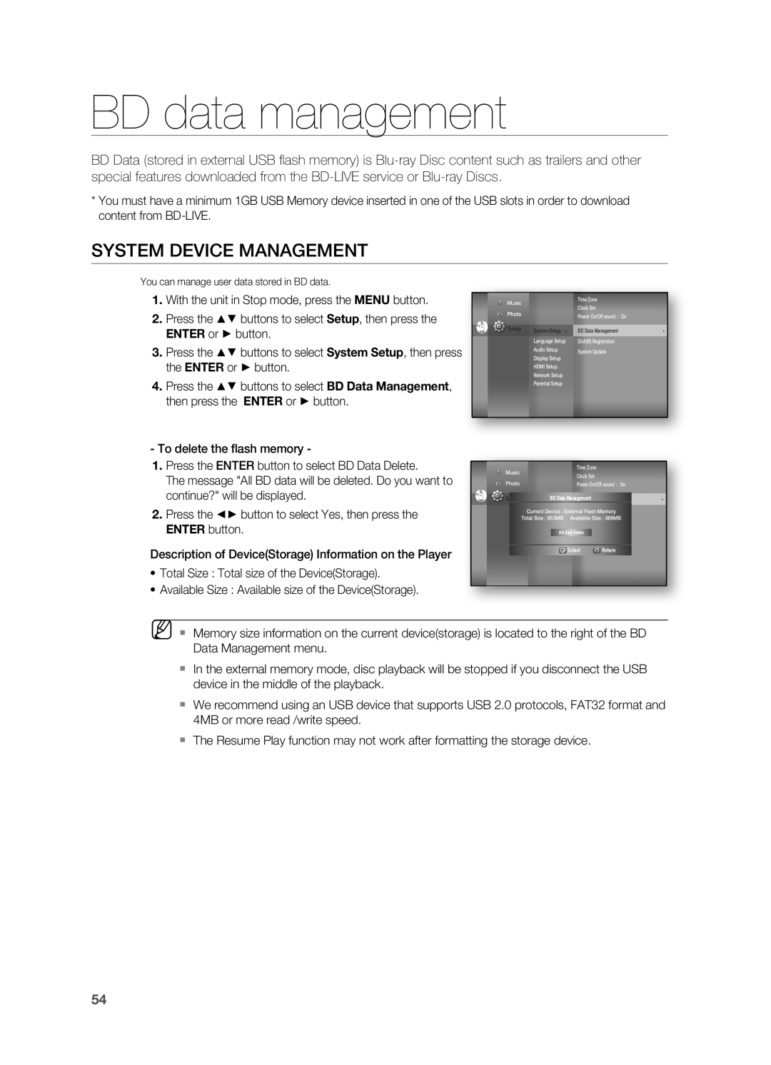 Samsung HT-BD7200R/XEE, HT-BD7200R/EDC manual BD data management, System Device Management, Continue? will be displayed 