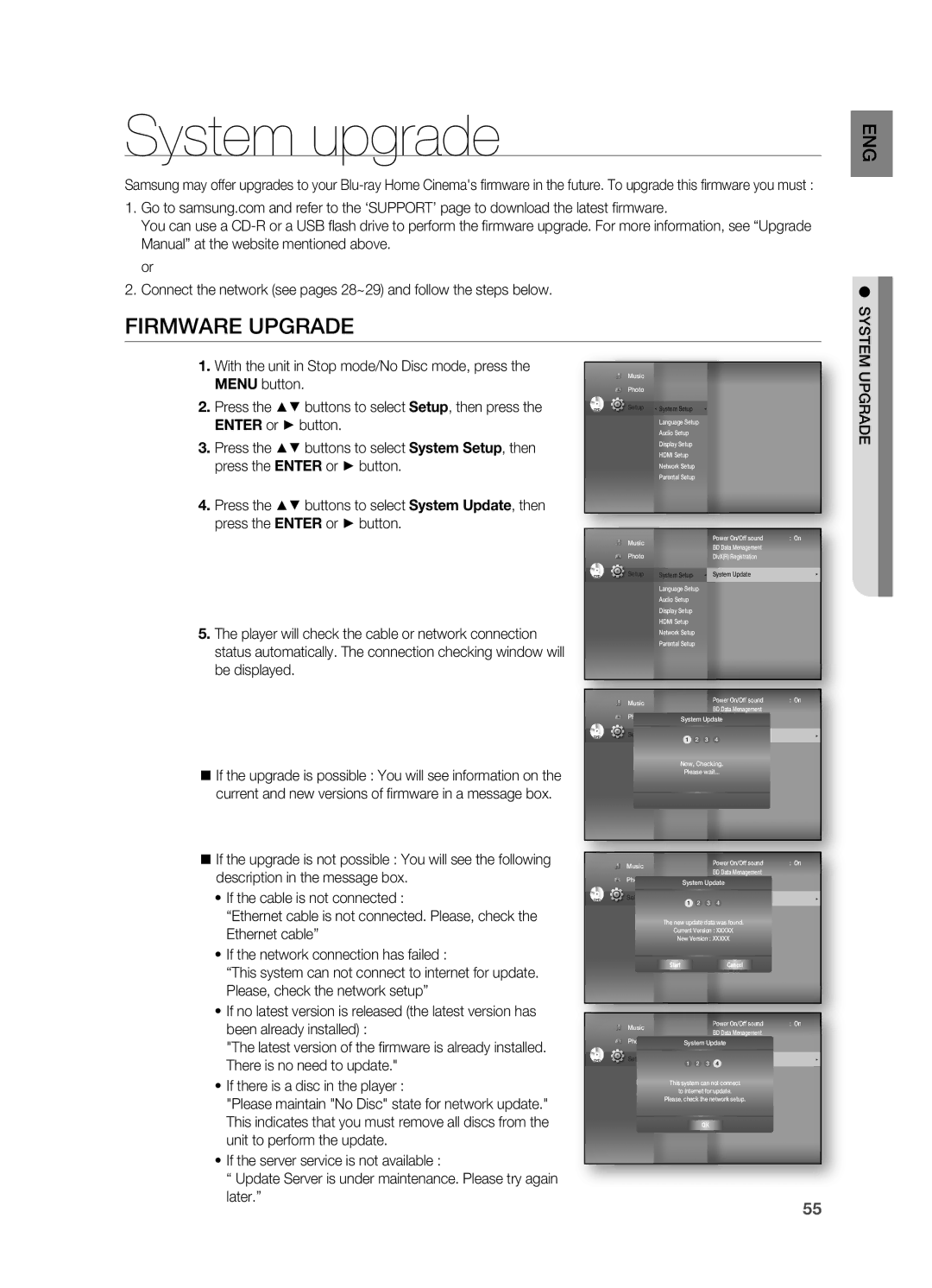 Samsung HT-BD7200R/EDC, HT-BD7200R/XEF, HT-BD7200R/XET, HT-BD7200T/XAA manual System upgrade, Firmware Upgrade, UPGRaDE 