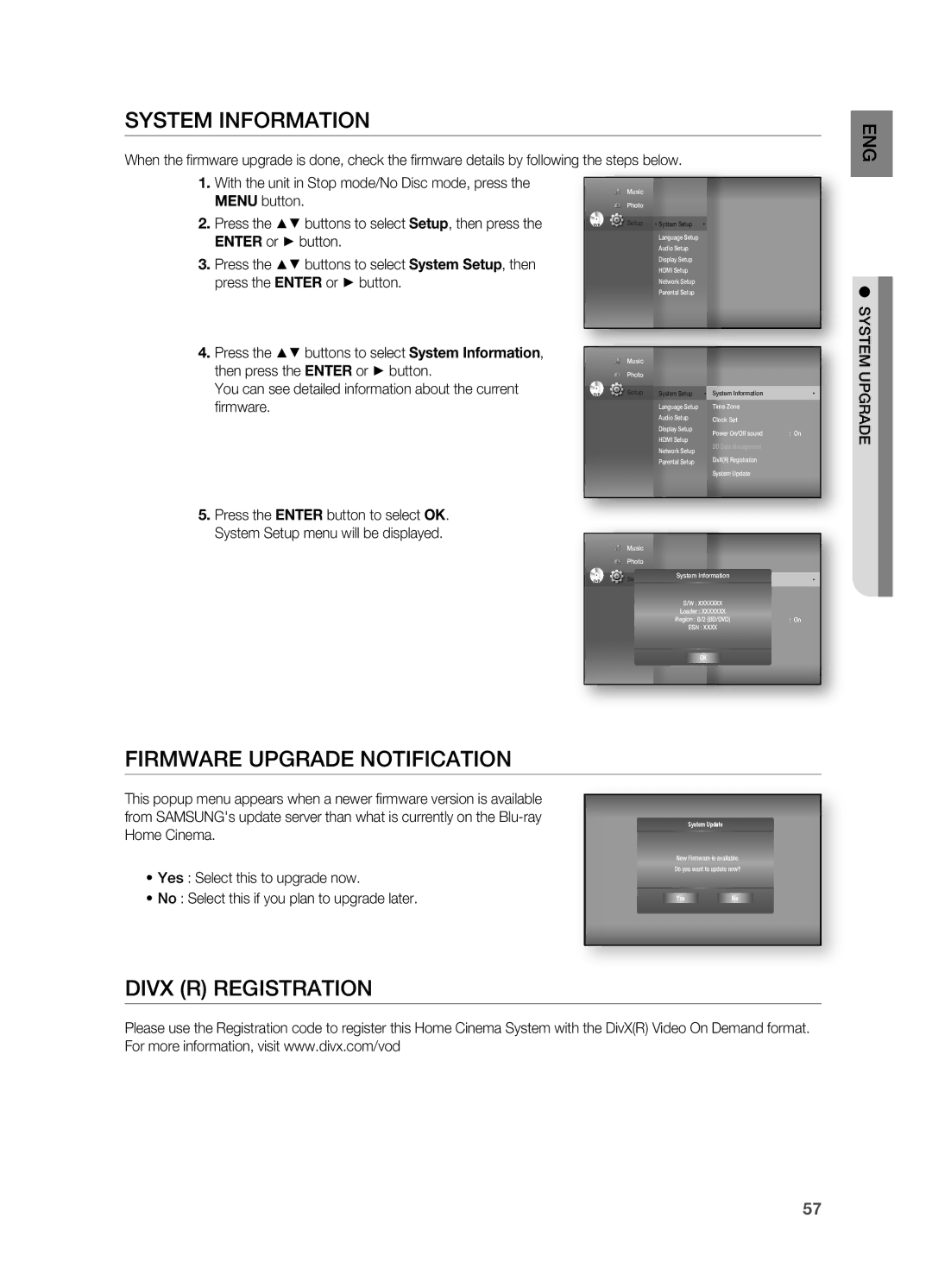 Samsung HT-BD7200R/XET manual System Information, Firmware Upgrade Notification, Divx R Registration, SyStEm uPGRaDE 