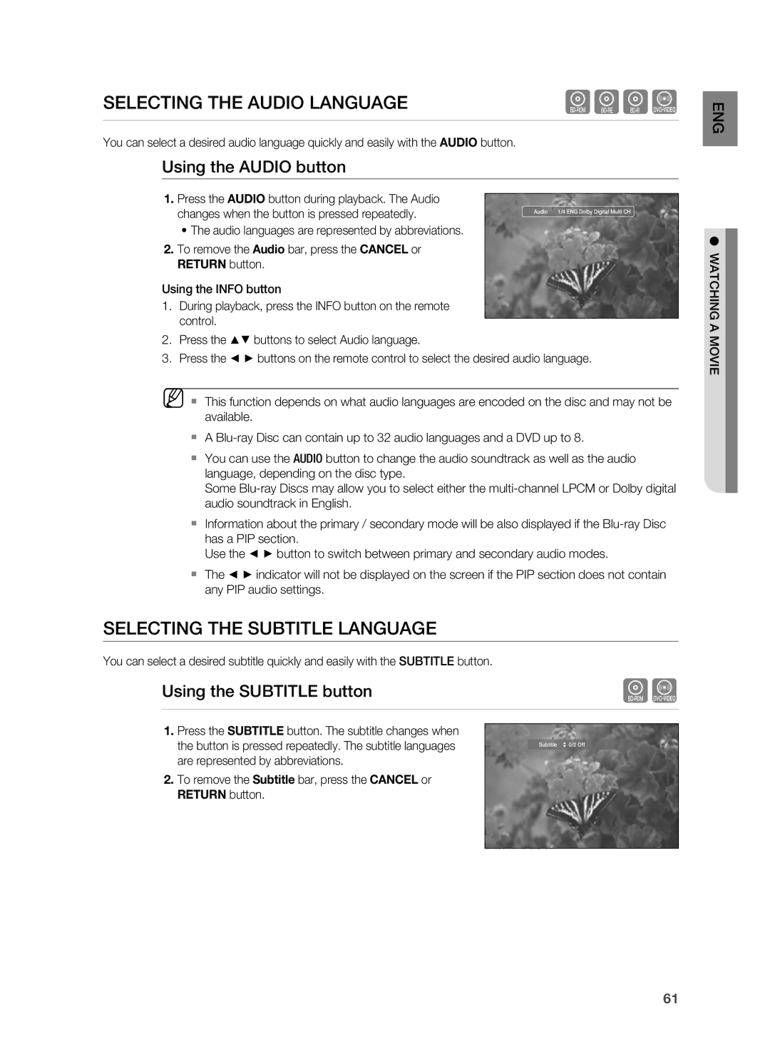 Samsung HT-BD7200R/XEF manual SElEctinG thE auDio lanGuaGE, SElEctinG thE SuBtitlE lanGuaGE, Using the auDio button 