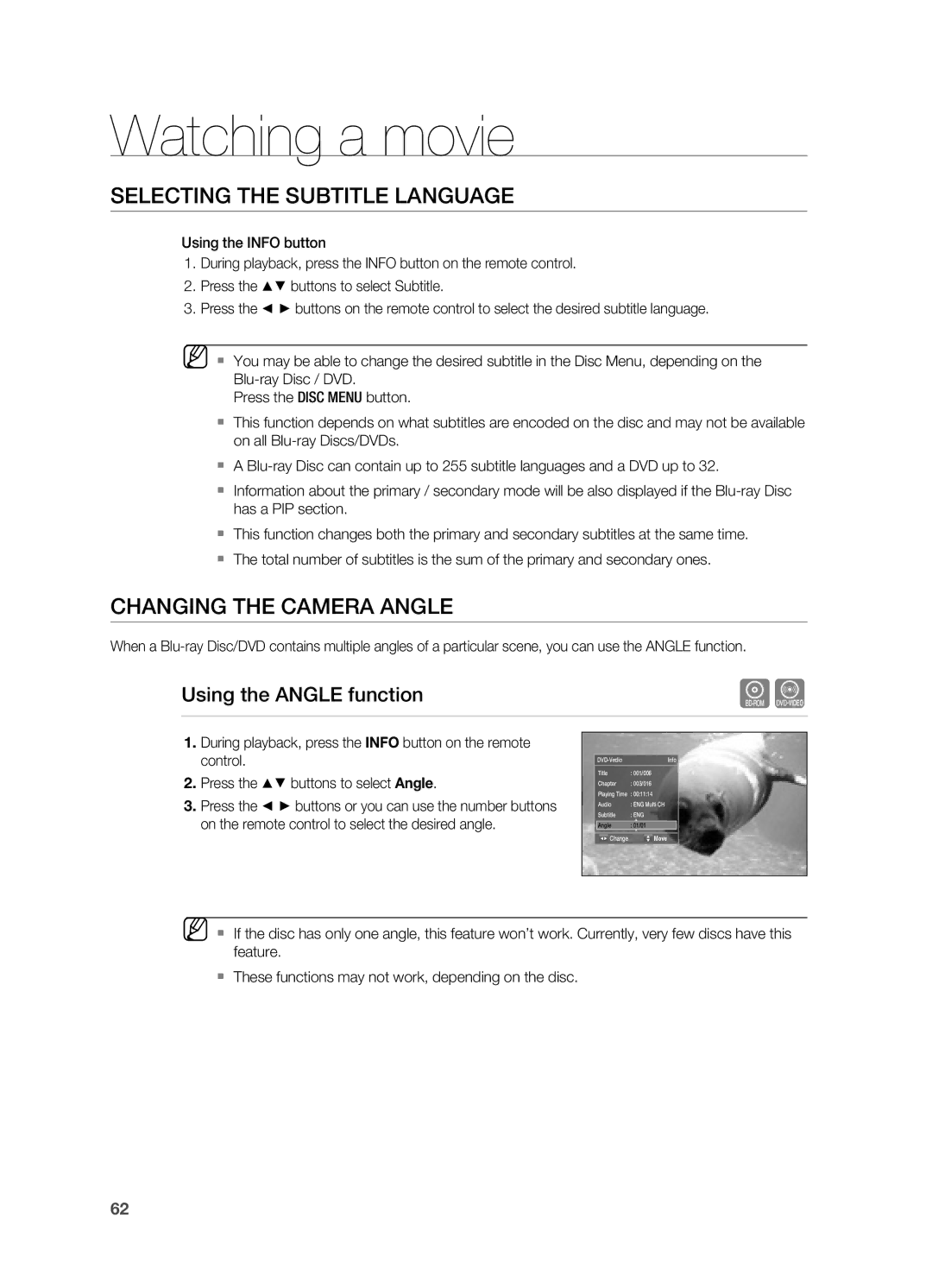 Samsung HT-BD7200R/XET, HT-BD7200R/EDC, HT-BD7200R/XEF, HT-BD7200T/XAA ChanGinG thE camERa anGlE, Using the anGlE function 