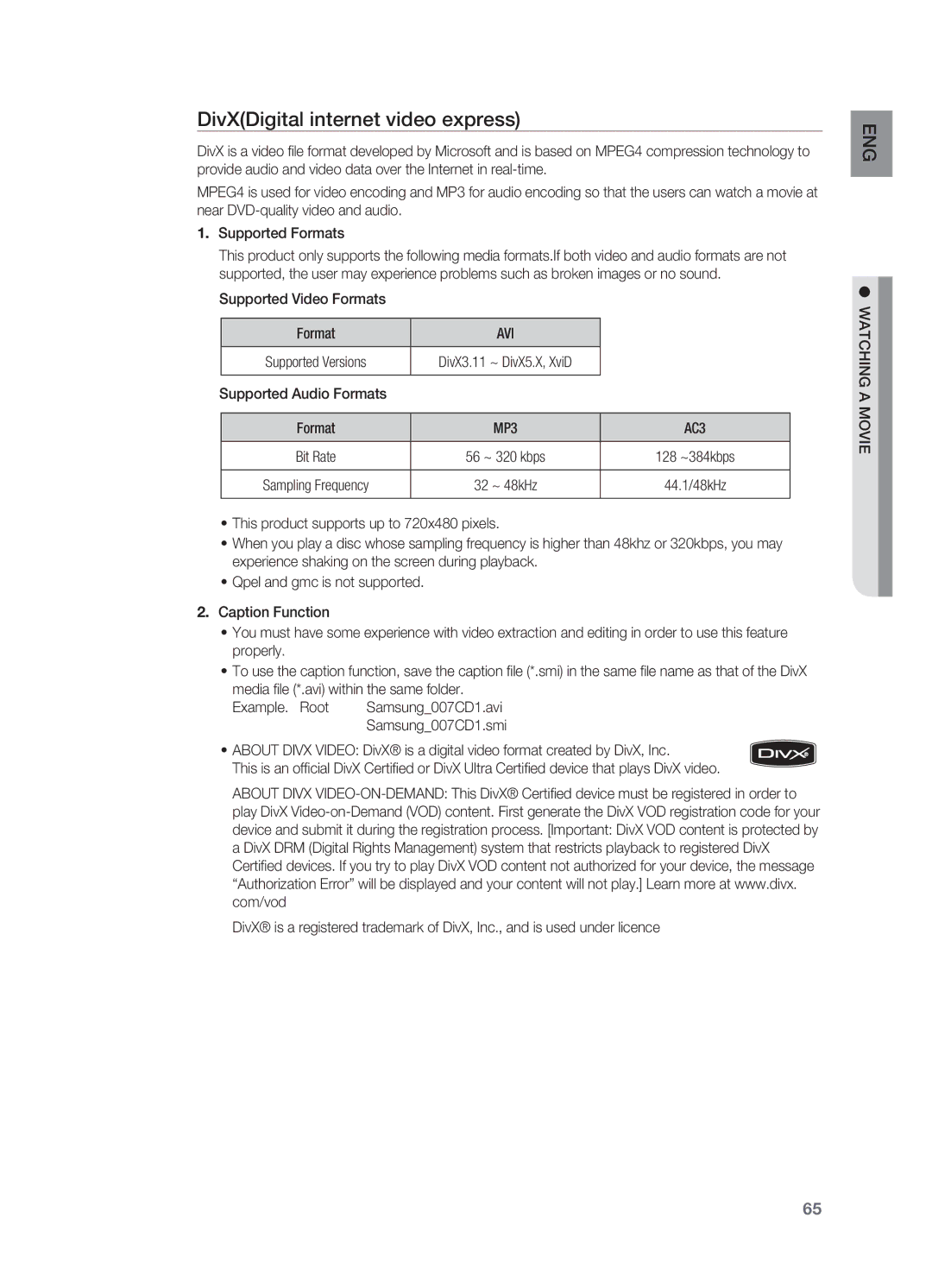 Samsung HT-BD7200R/EDC manual DivXDigital internet video express, Supported Video Formats, Avi, Supported Audio Formats 