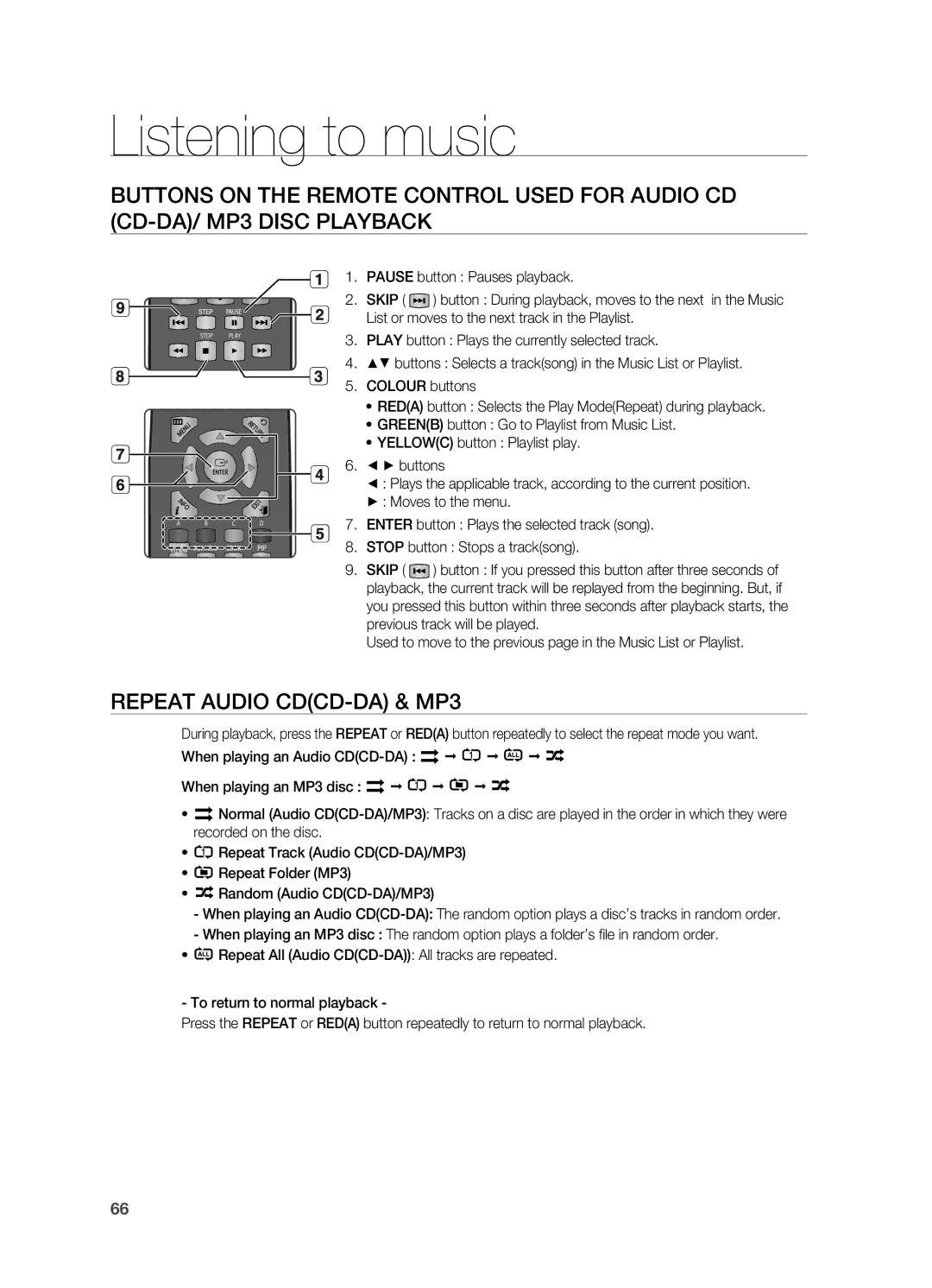 Samsung HT-BD7200R/XEF, HT-BD7200R/EDC, HT-BD7200R/XET, HT-BD7200T/XAA manual Listening to music, Repeat Audio CDCD-DA & MP3 