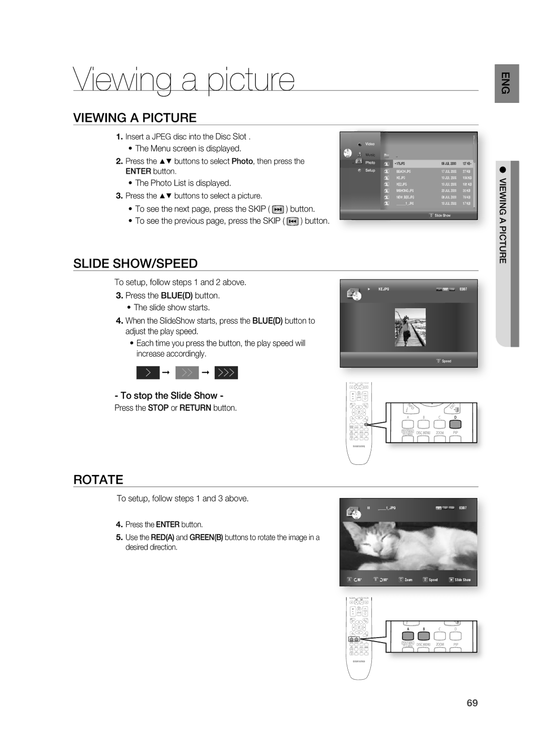 Samsung HT-BD7200R/XEE, HT-BD7200R/EDC, HT-BD7200R/XEF manual Viewing a picture, ViEwinG a PictuRE, SliDE Show/SPEED, RotatE 