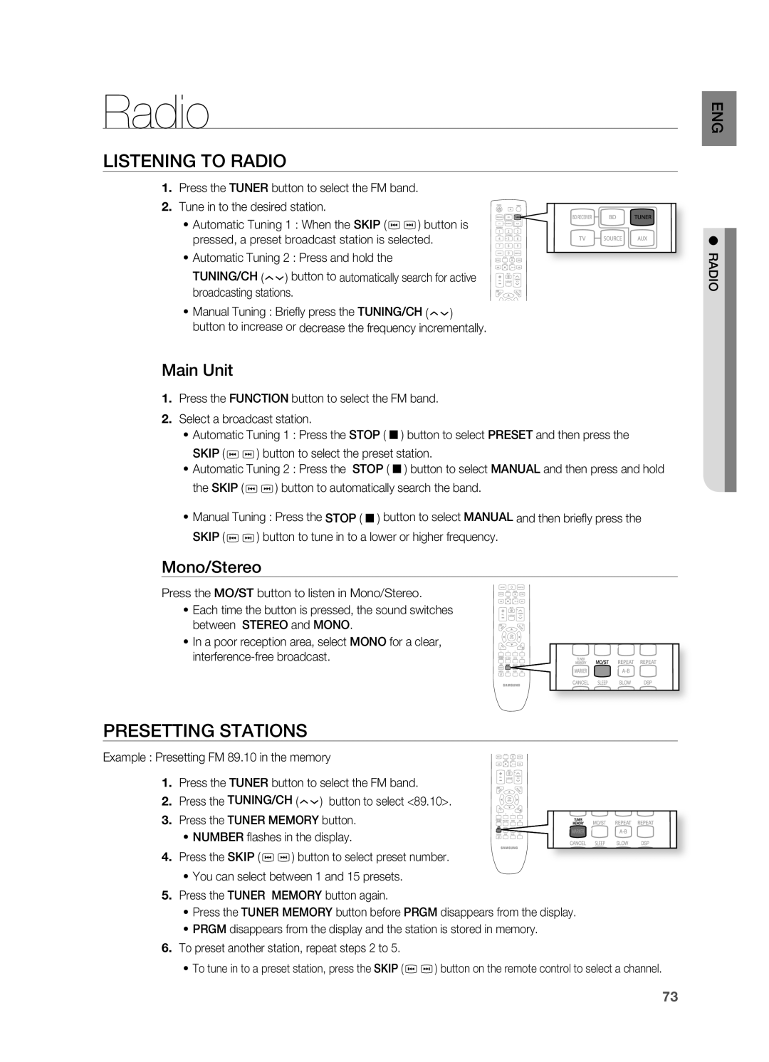 Samsung HT-BD7200T/XAA, HT-BD7200R/EDC manual Radio, LiStEninG to RaDio, PRESEttinG StationS, Main unit, Mono/Stereo 