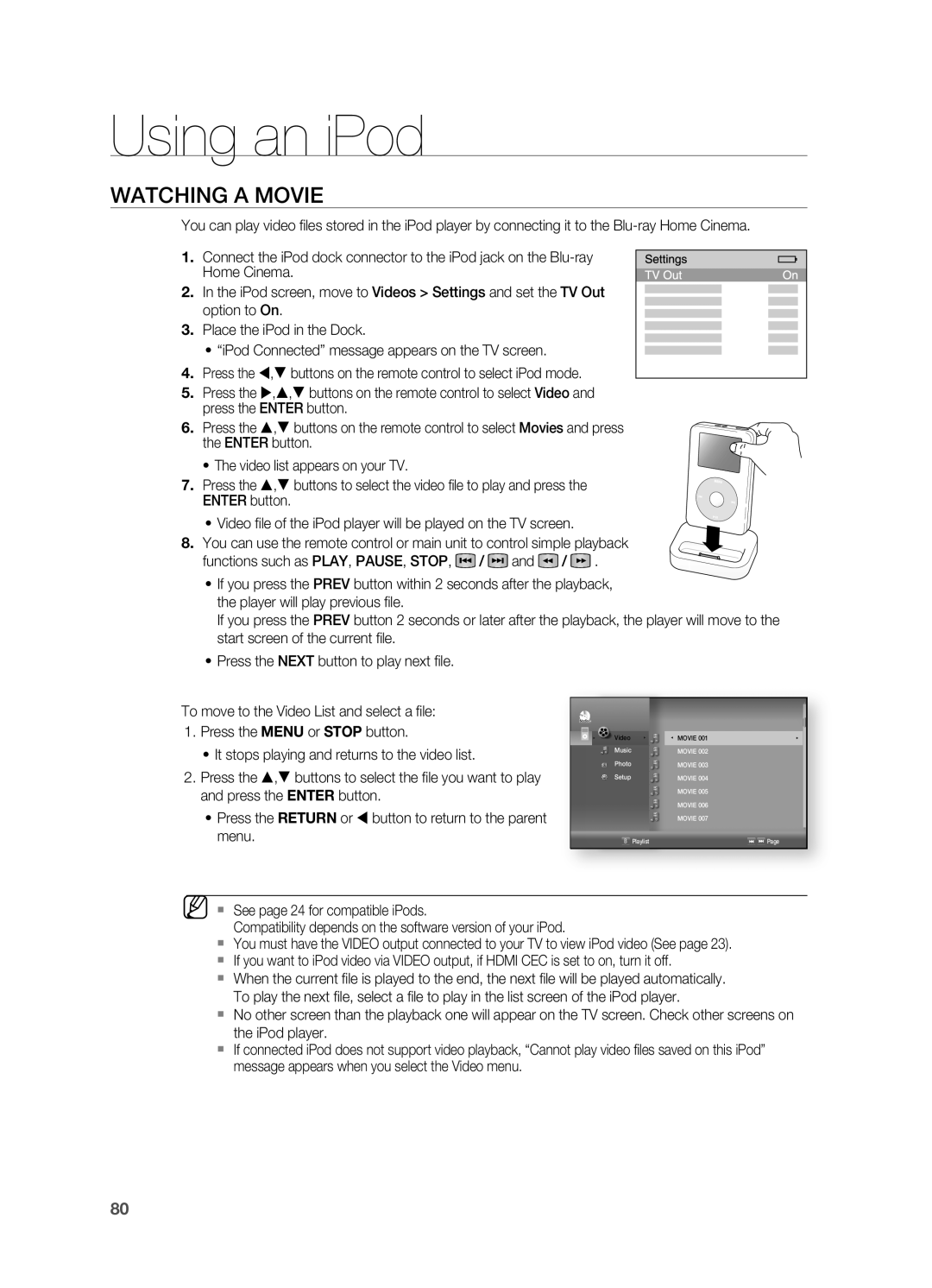 Samsung HT-BD7200R/EDC, HT-BD7200R/XEF, HT-BD7200R/XET, HT-BD7200T/XAA, HT-BD7200R/XEE manual WatchinG a moviE 