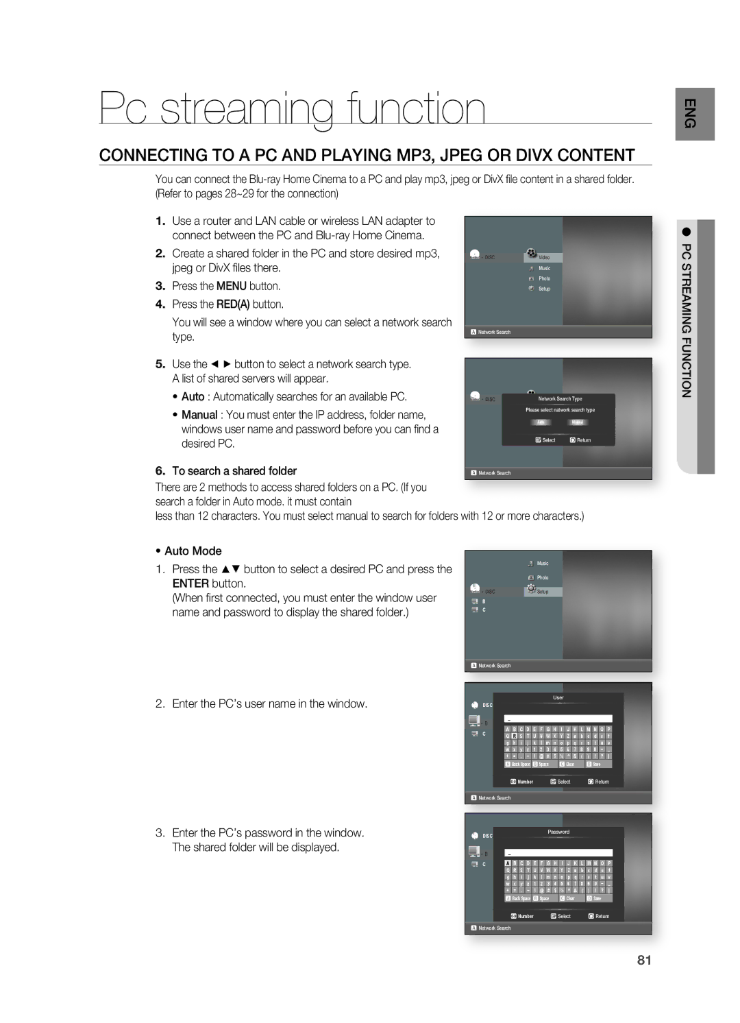 Samsung HT-BD7200R/XEF, HT-BD7200R/EDC Pc streaming function, Connecting to a PC and Playing MP3, Jpeg or Divx Content 