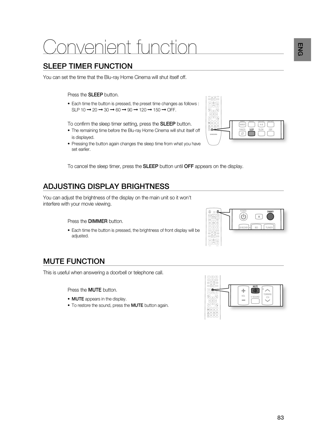 Samsung HT-BD7200T/XAA manual Convenient function, SlEEP TiMER funCTiOn, AdJuSTinG diSPlAY bRiGhTnESS, MuTE funCTiOn 