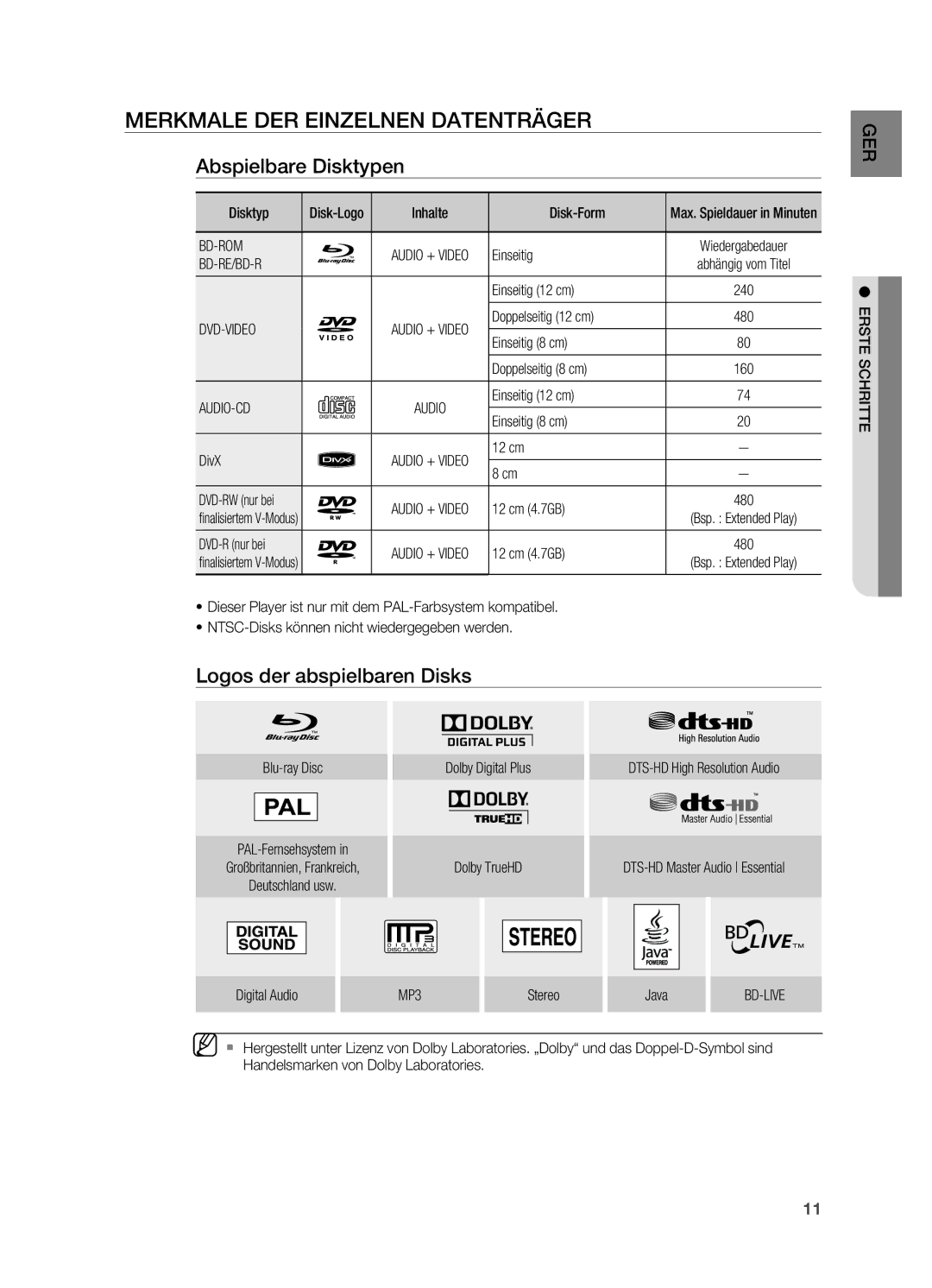 Samsung HT-BD7200R/XEF manual Merkmale der einzelnen Datenträger, Abspielbare Disktypen, Logos der abspielbaren Disks 