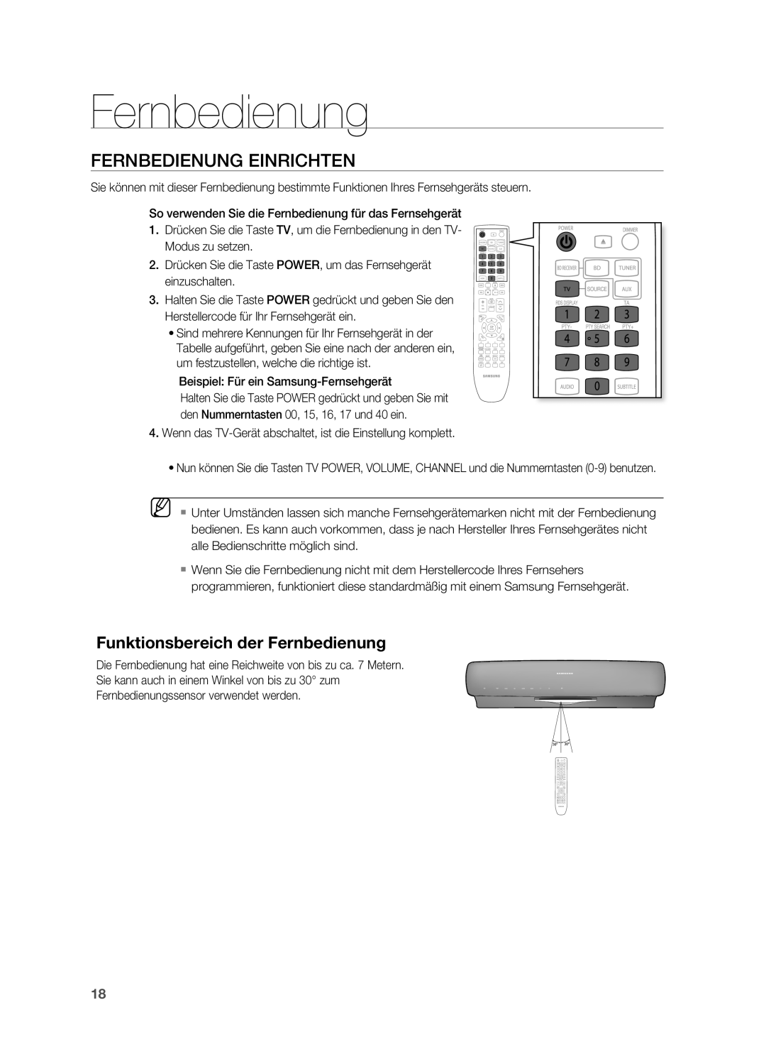 Samsung HT-BD7200R/EDC, HT-BD7200R/XEF manual Fernbedienung Einrichten, Beispiel Für ein Samsung-Fernsehgerät 