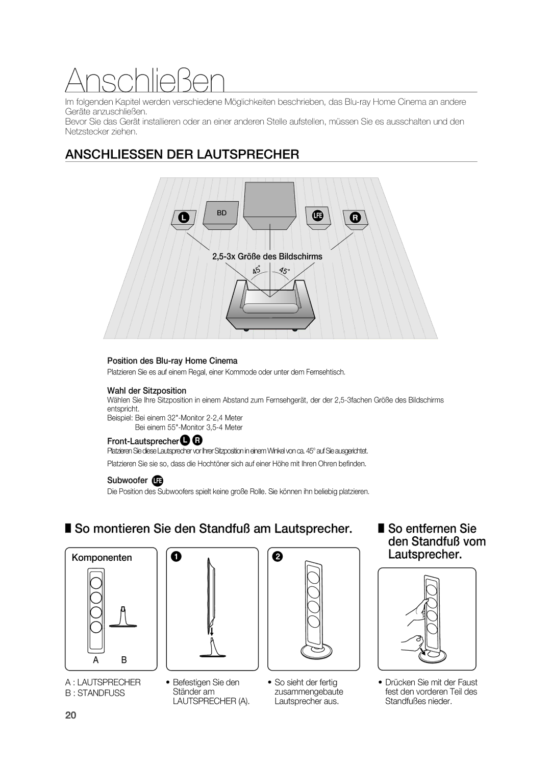 Samsung HT-BD7200R/EDC, HT-BD7200R/XEF manual Anschließen, Anschliessen der Lautsprecher, Komponenten 