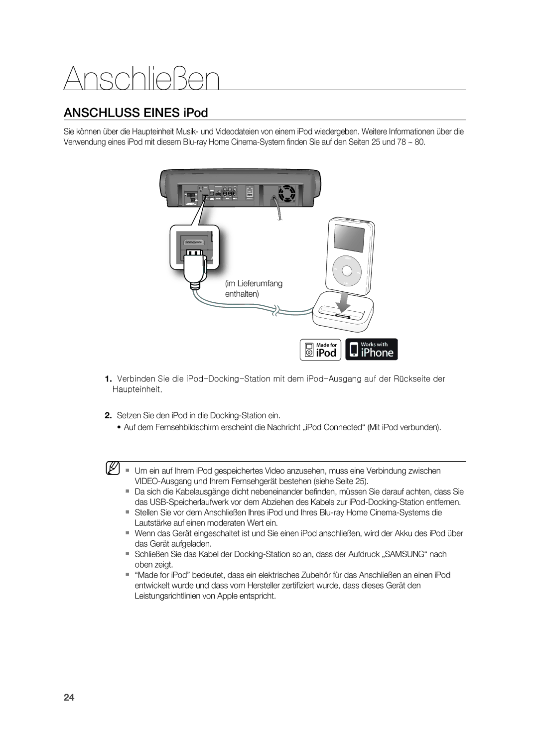 Samsung HT-BD7200R/EDC, HT-BD7200R/XEF manual Anschluss Eines iPod 