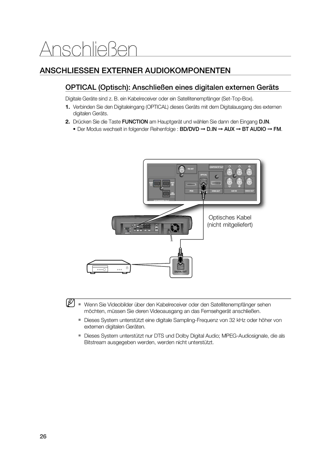 Samsung HT-BD7200R/EDC Anschliessen Externer Audiokomponenten, Optical Optisch Anschließen eines digitalen externen Geräts 