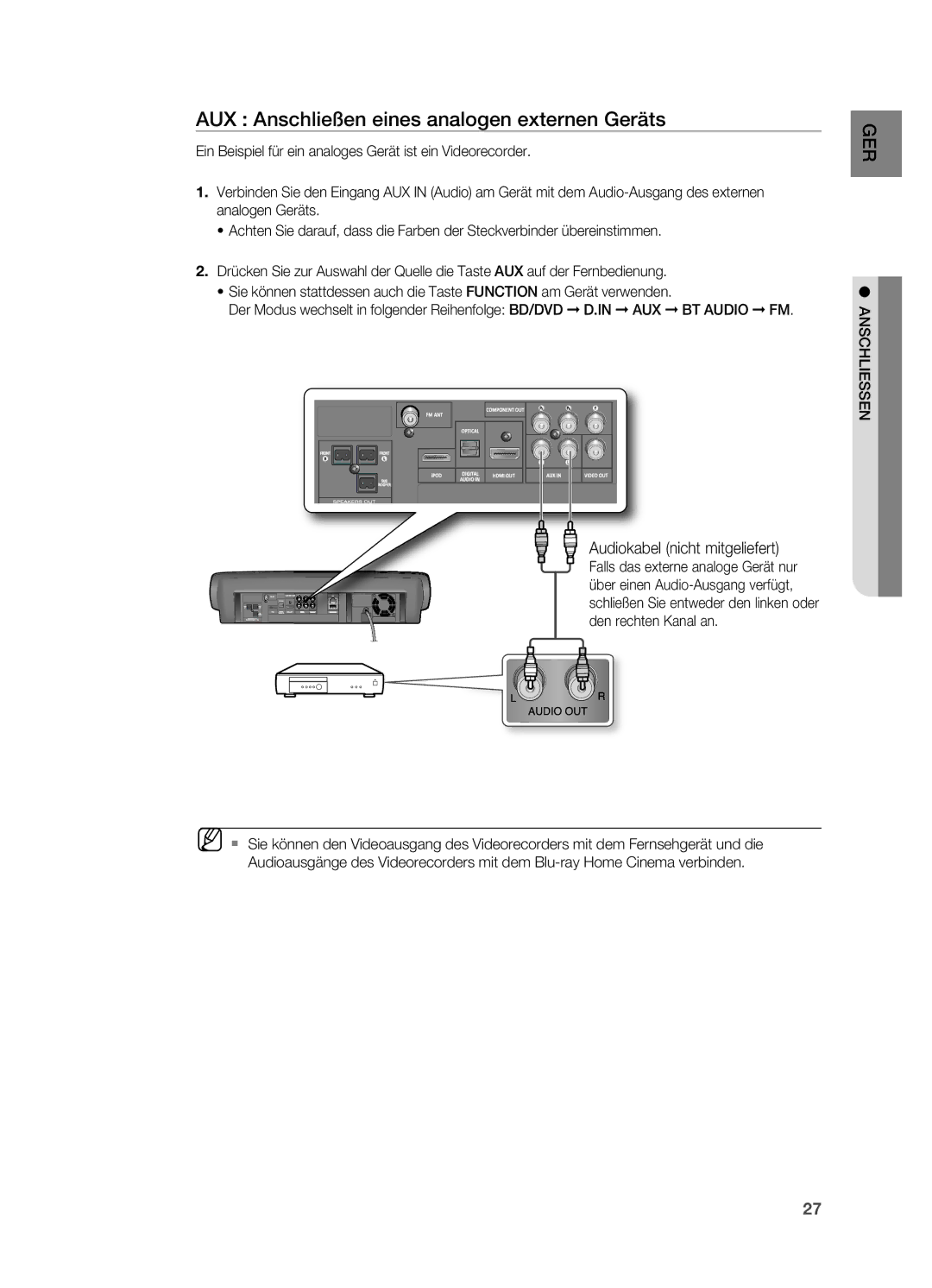 Samsung HT-BD7200R/XEF manual AUX Anschließen eines analogen externen Geräts, Audiokabel nicht mitgeliefert, Anschliessen 