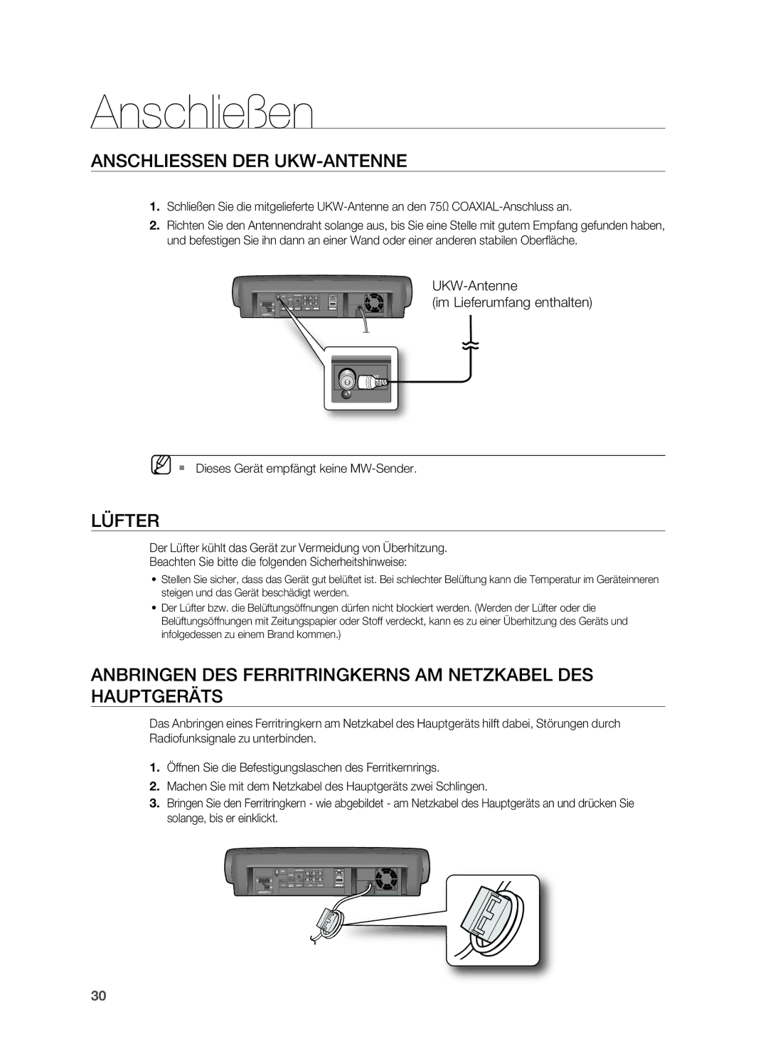 Samsung HT-BD7200R/EDC Anschliessen DER UKW-ANTENNE, Lüfter, Anbringen DES Ferritringkerns AM NETzKABEL DES Hauptgeräts 