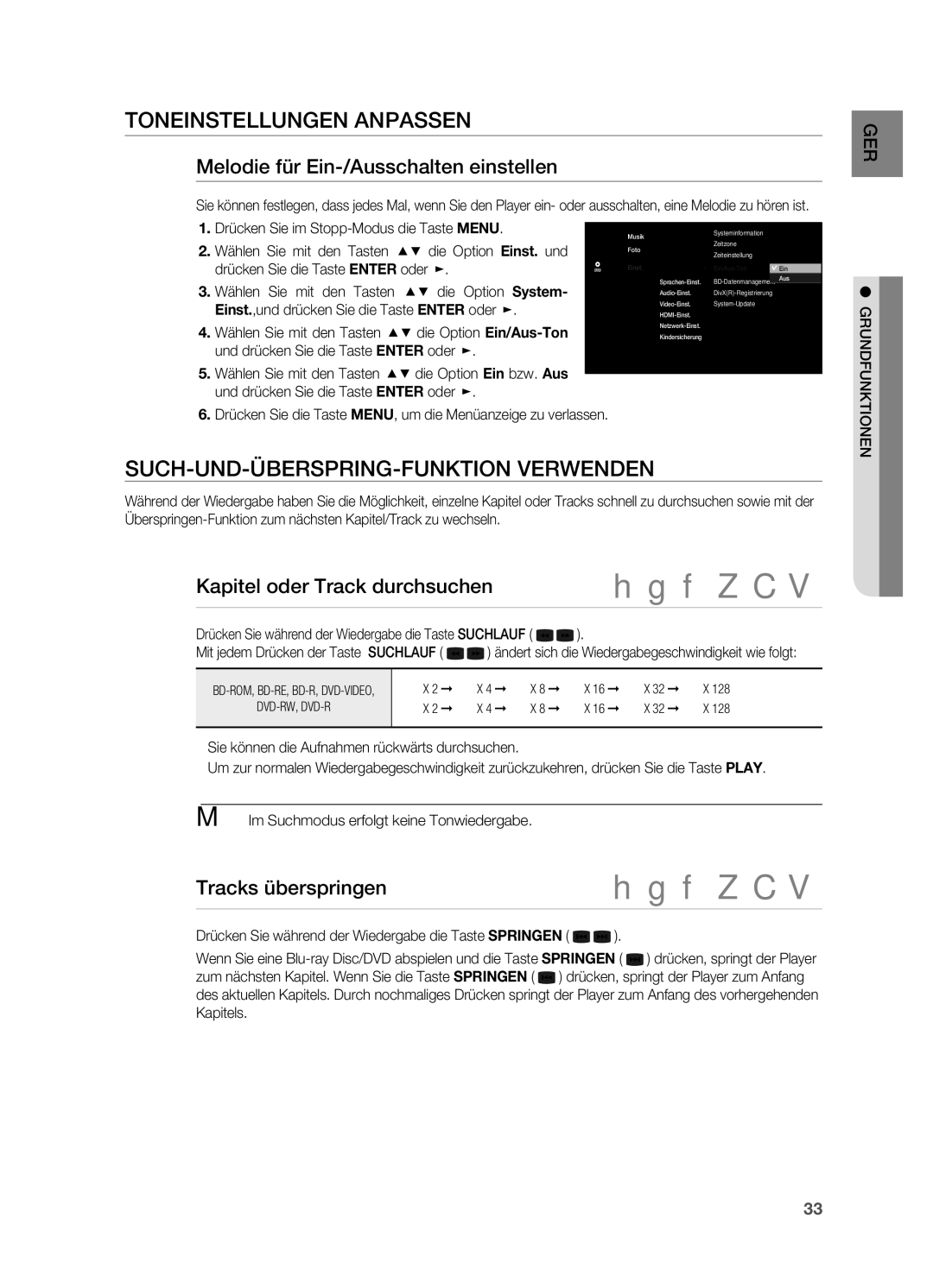 Samsung HT-BD7200R/XEF Toneinstellungen Anpassen, SUCH-UND-ÜBERSPRING-FUNKTION Verwenden, Kapitel oder Track durchsuchen 