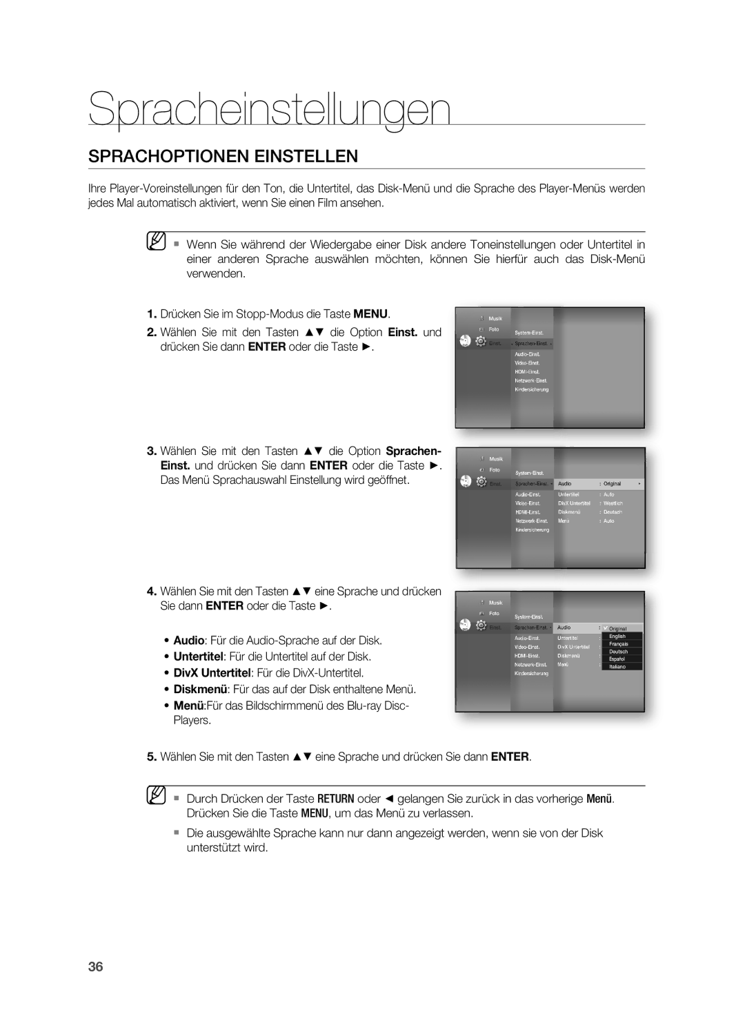 Samsung HT-BD7200R/EDC, HT-BD7200R/XEF manual Spracheinstellungen, Sprachoptionen Einstellen 