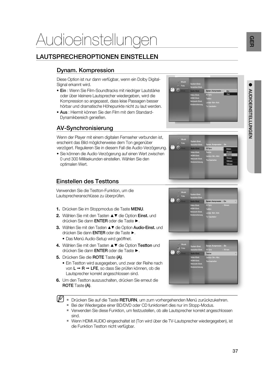 Samsung HT-BD7200R/XEF manual Audioeinstellungen, LAutspreCHerOptiOnen einstellen, Dynam. Kompression, AV-synchronisierung 