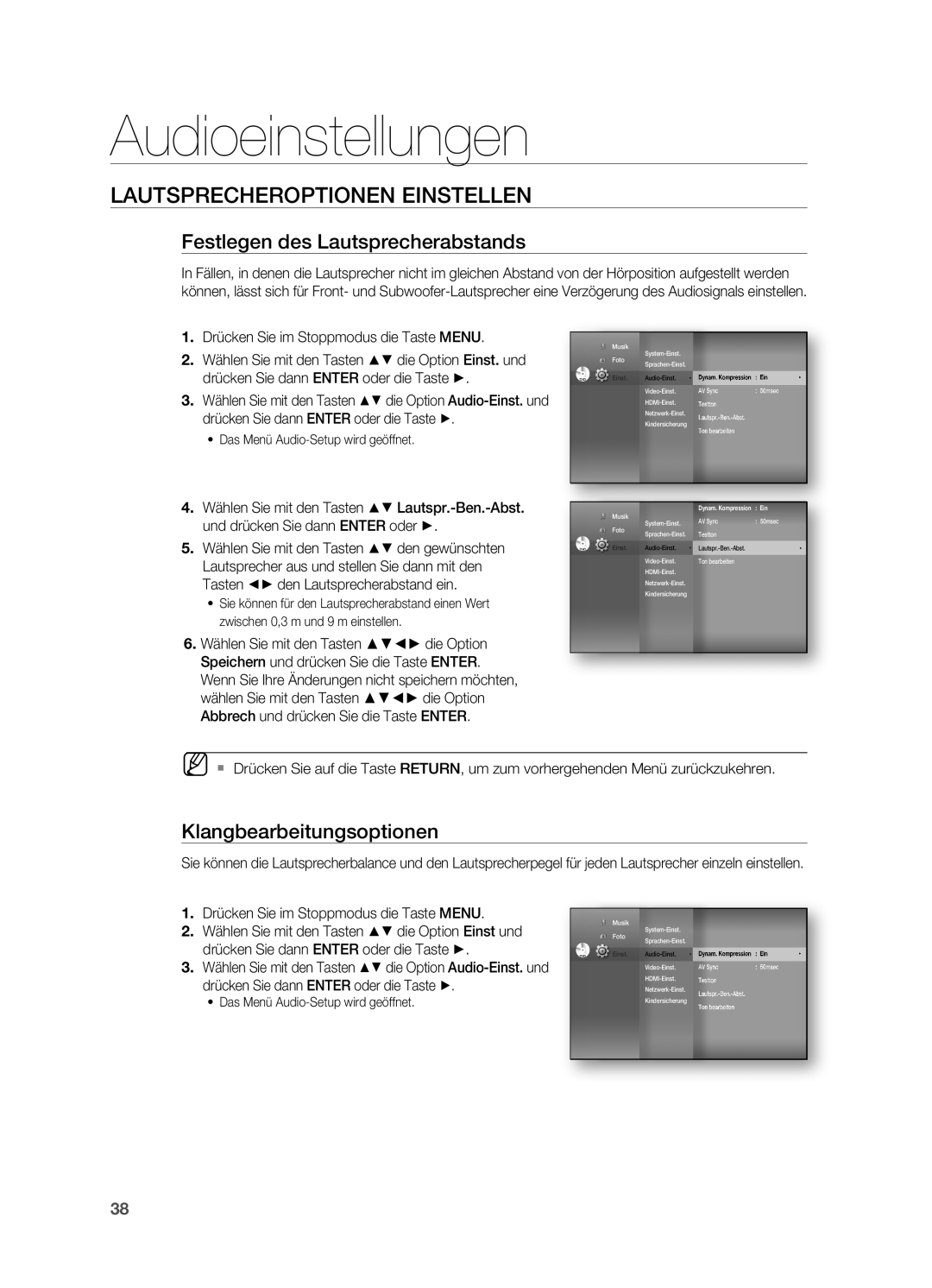 Samsung HT-BD7200R/EDC Lautsprecheroptionen Einstellen, Festlegen des Lautsprecherabstands, Klangbearbeitungsoptionen 