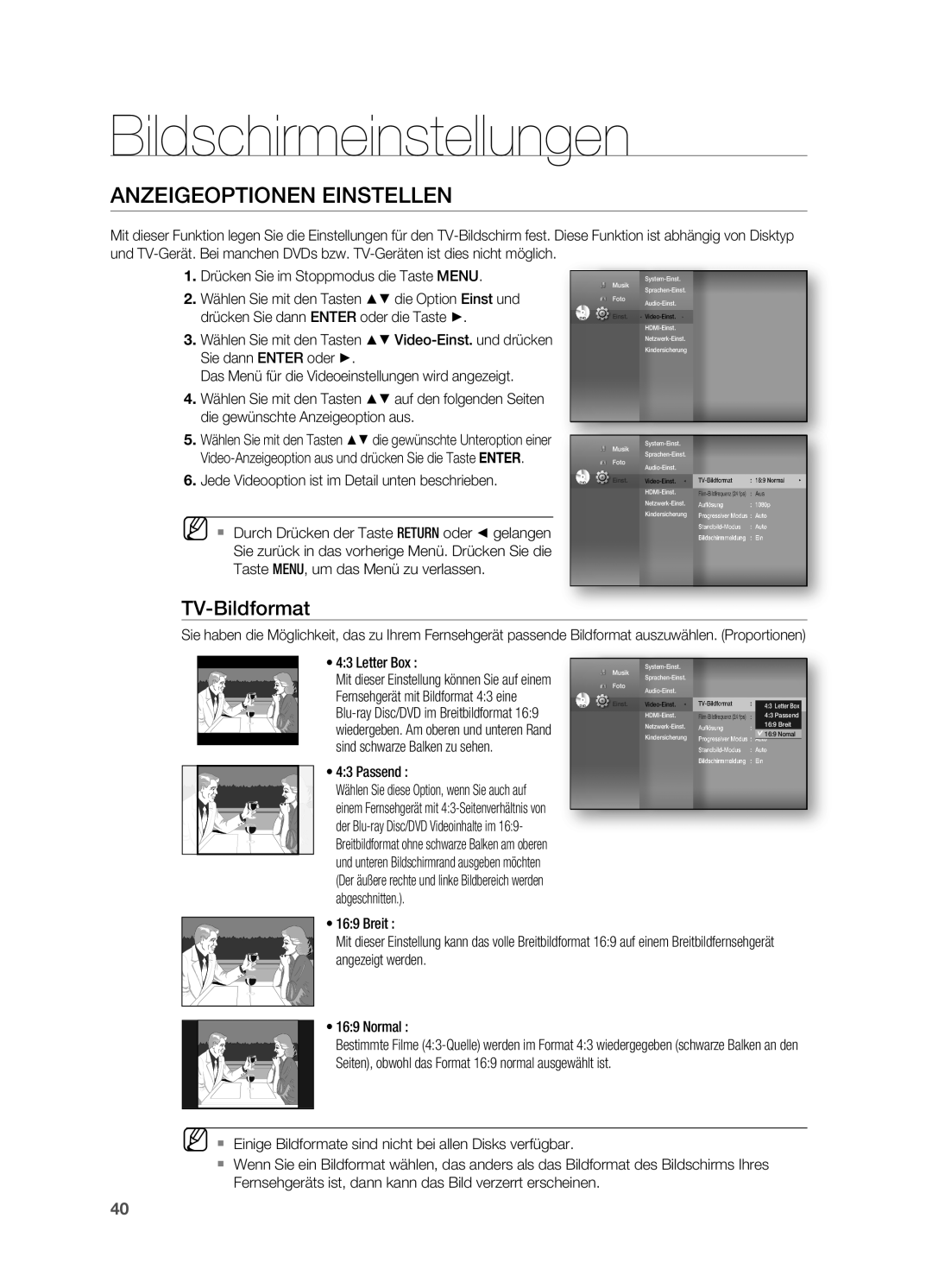 Samsung HT-BD7200R/EDC, HT-BD7200R/XEF manual Bildschirmeinstellungen, AnzeigeOptiOnen einstellen, TV-bildformat 