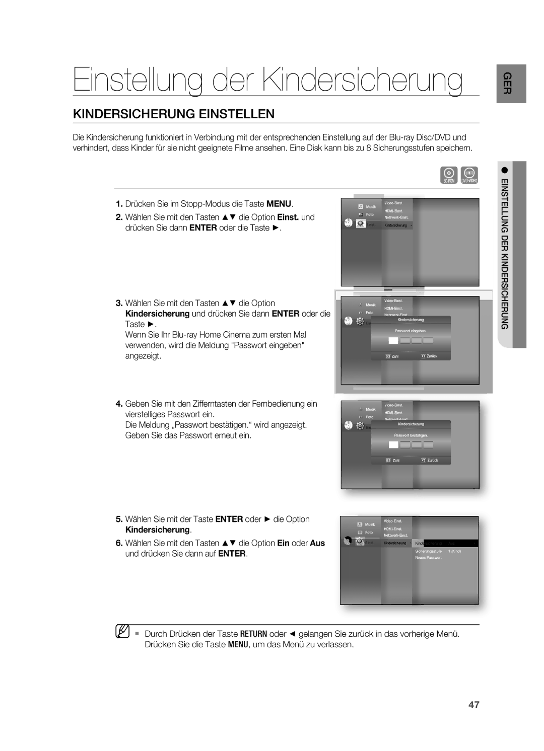 Samsung HT-BD7200R/XEF manual KindersiCHerung einstellen, Vierstelliges Passwort ein, Geben Sie das Passwort erneut ein 