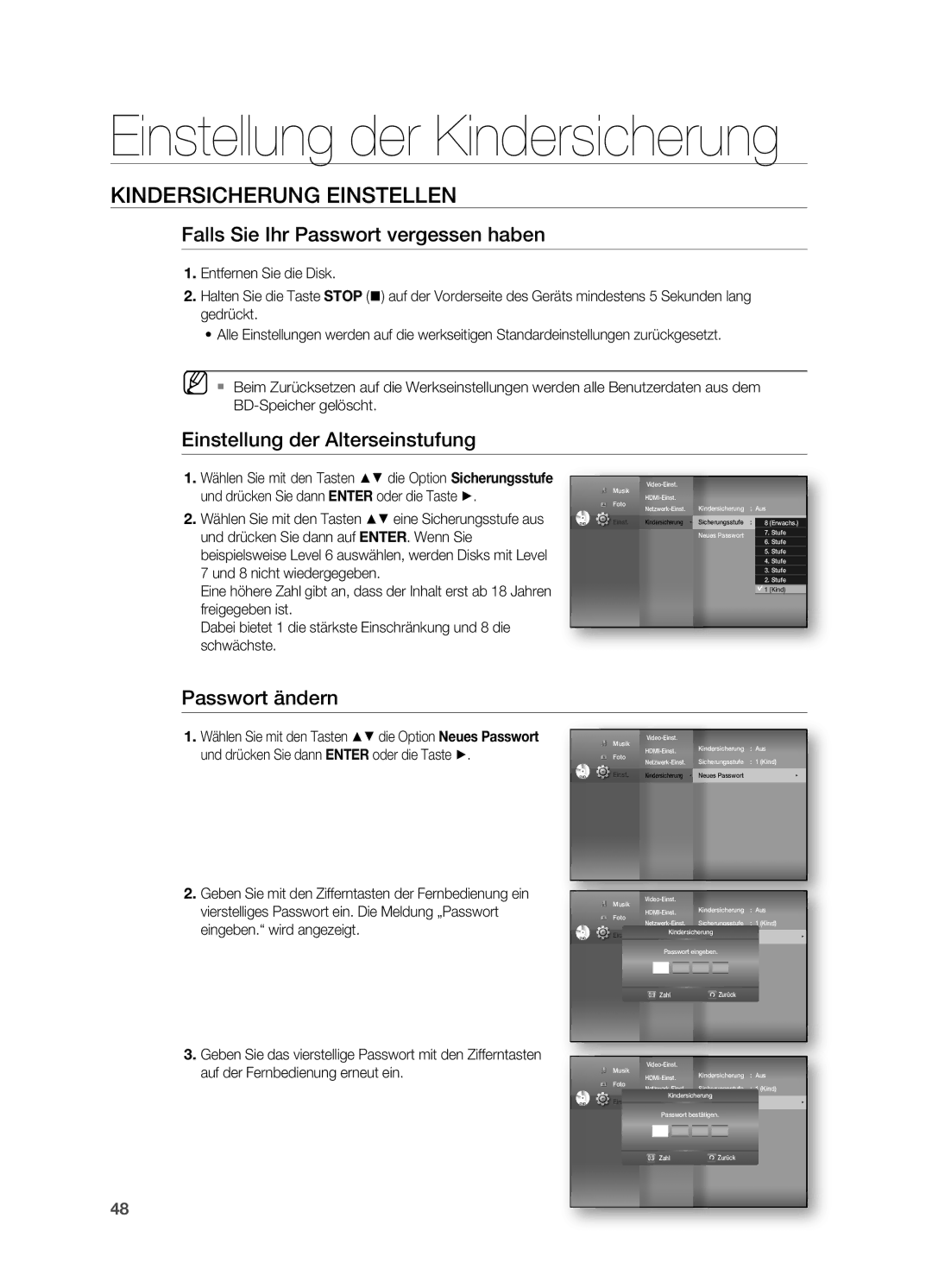 Samsung HT-BD7200R/EDC manual Falls sie ihr passwort vergessen haben, Einstellung der Alterseinstufung, Passwort ändern 